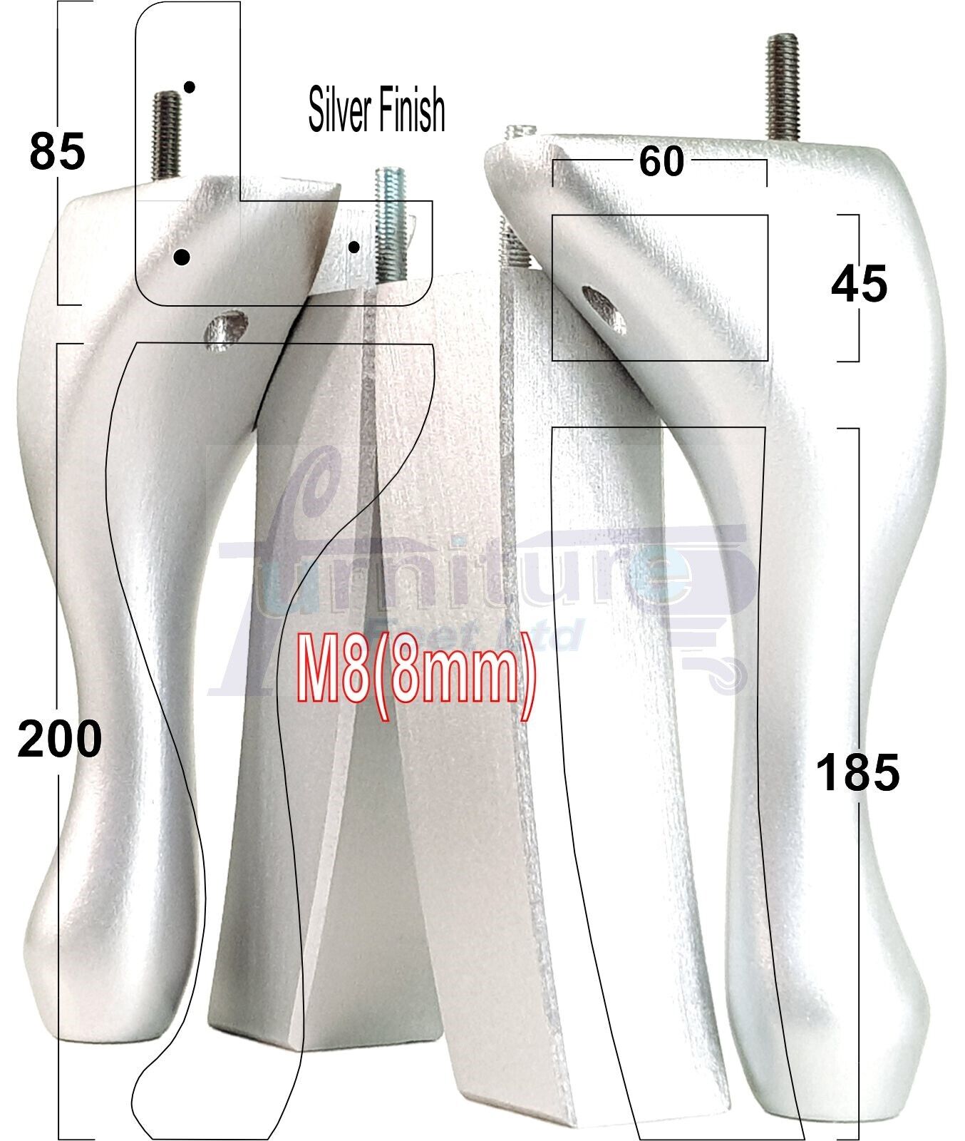 2x Vintage Queen Anne Replacement Furniture Legs & 2x Curved Back Feet 200mm High 8mm Thread