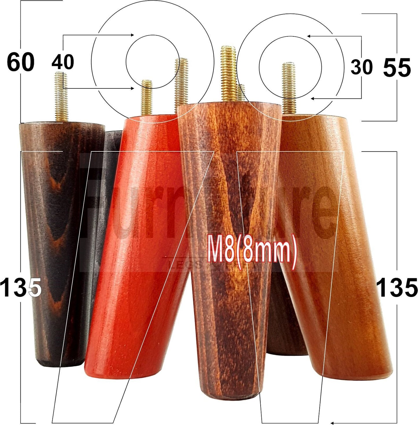4 Solid Wood Turned Furniture Feet Replacement Mid Centry 2 Angled Retro Legs 135mm High 2 Straight M8 Sofa Chairs Stools Cabinets Beds