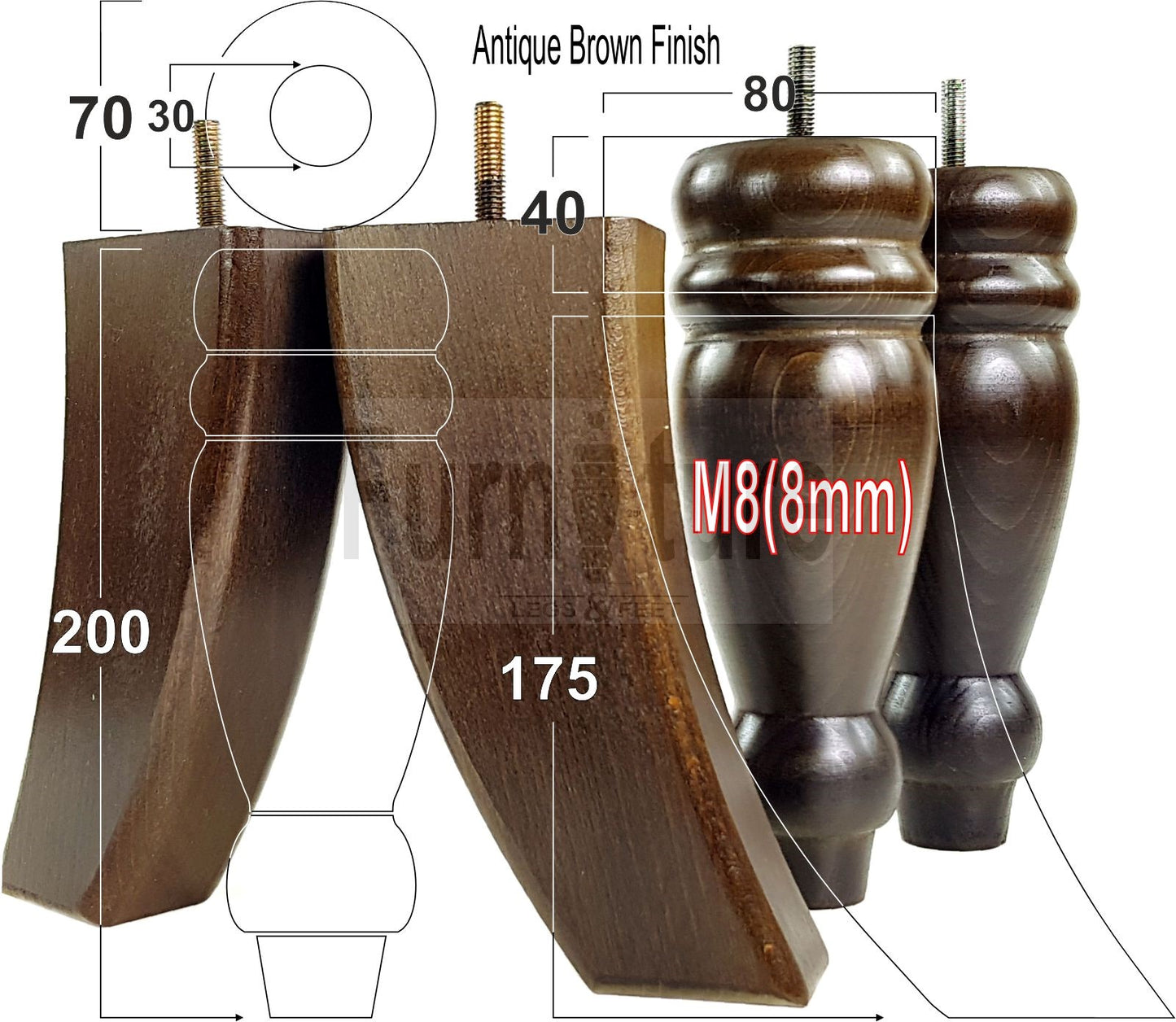 2 Turned Furniture Feet Replacement Sofa Legs 200mm & 2 Curved Back Legs 185mm for Chairs Sofa Settee Cabinets M8