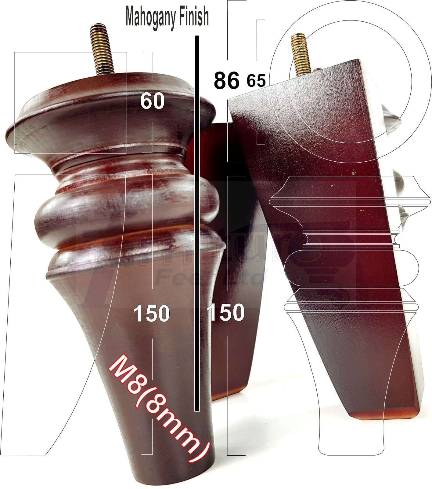 2x Turned & 2x Curved Back Wooden Feet Replacement Furniture Legs 150mm M8(8mm)