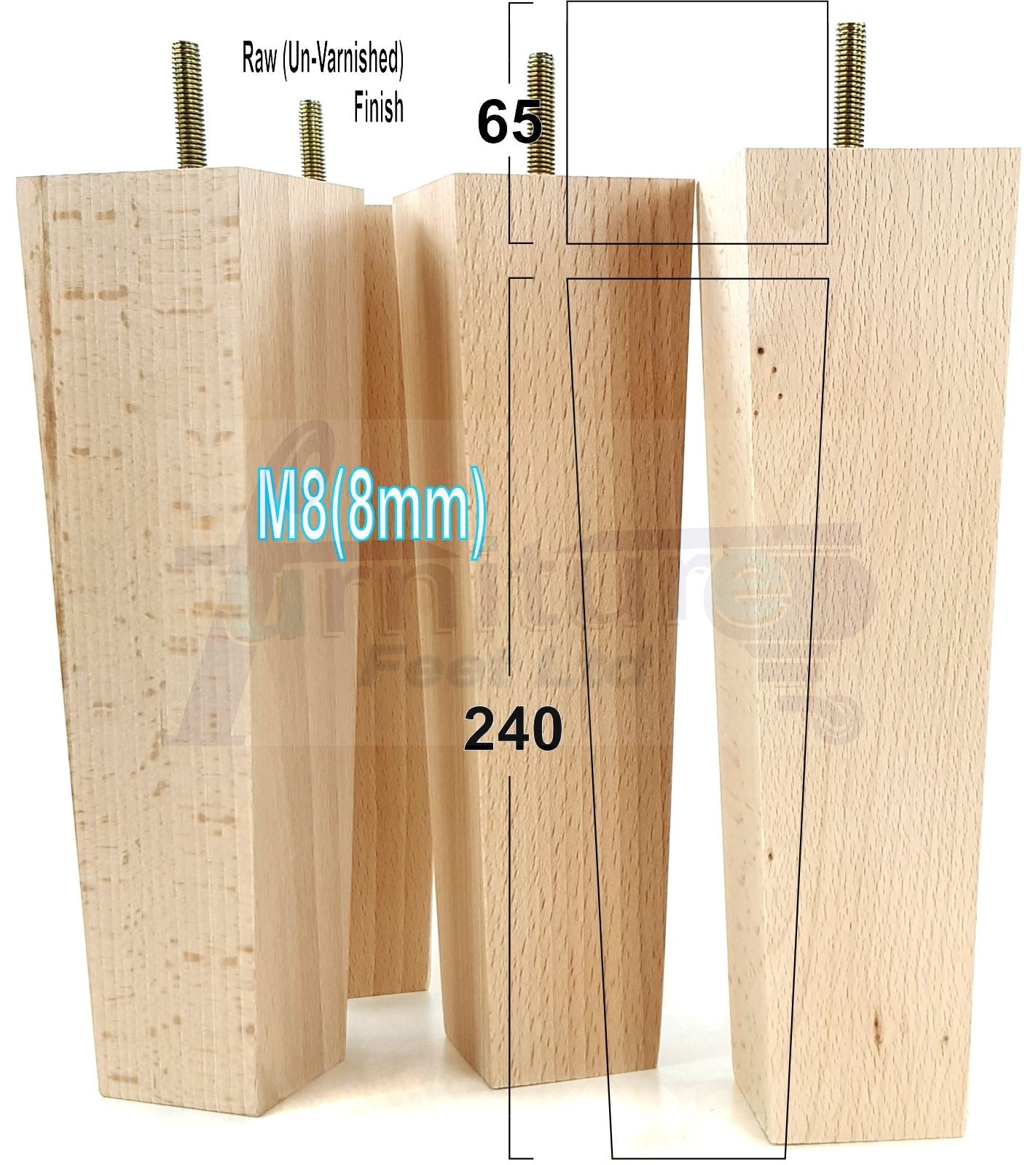 4 Solid Wood Furniture Feet Square Replacement Block Tapered Legs 240mm High M8 Sofa Chairs Stools Cabinets Beds