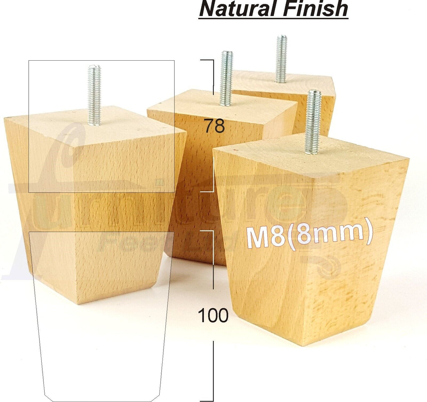 Set Of 4 Square Block Solid Wood Furniture Feet Replacement Legs 100mm High M8(8mm)