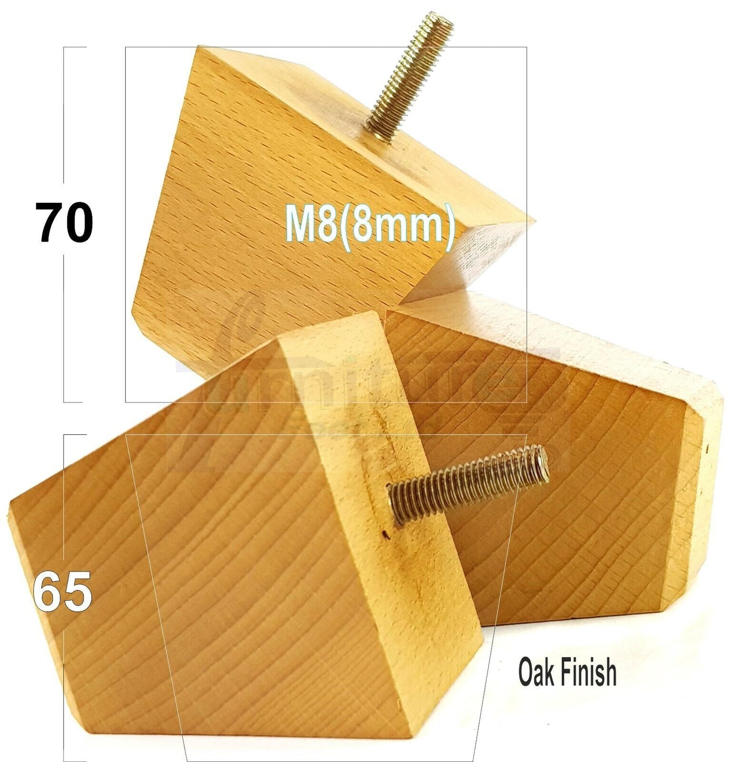 Set Of 4 Solid Wood Square Block Furniture Feet Replacement Legs 65mm High M8(8mm)