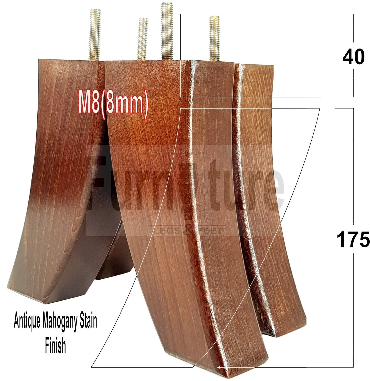 SET OF 4 WOODEN FURNITURE FEET 175mm HIGH REPLACEMENT SOFA LEGS 8mm Thread