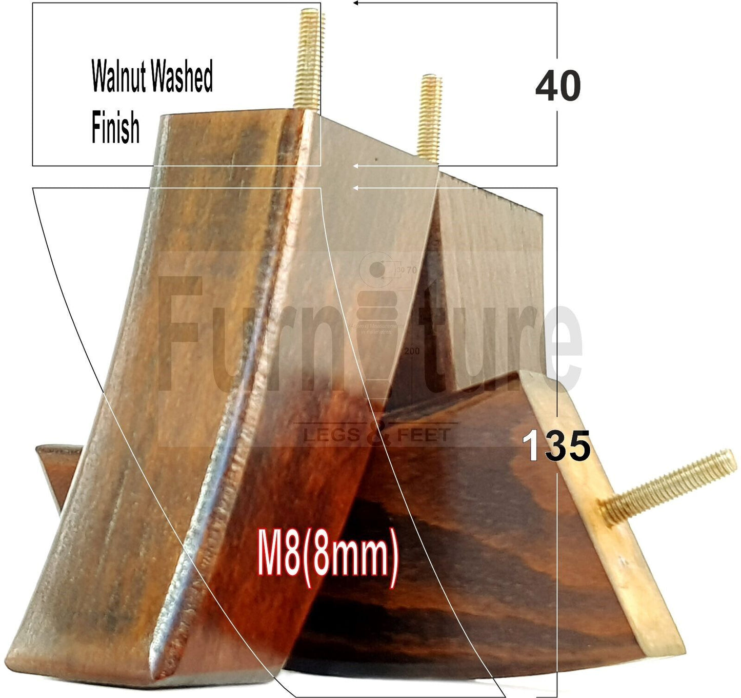 SET OF 4 WOODEN FURNITURE FEET 135mm HIGH REPLACEMENT SOFA LEGS 8mm Thread