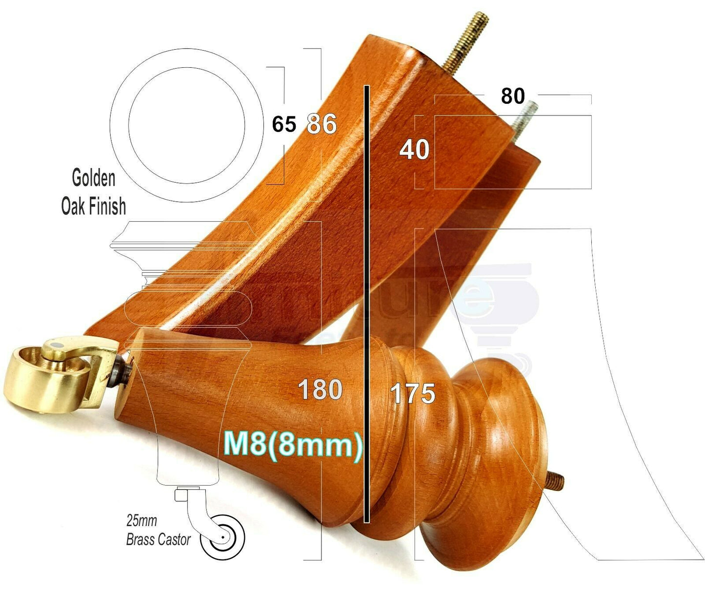 2x Turned & 2x Curved Back Wooden Feet Replacement Furniture Legs 180mm M8(8mm)