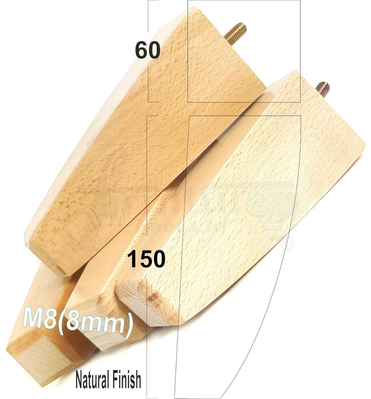 4x Tapered Square Furniture Legs Sofa Feet M8 for Chairs, Settees 150mm High