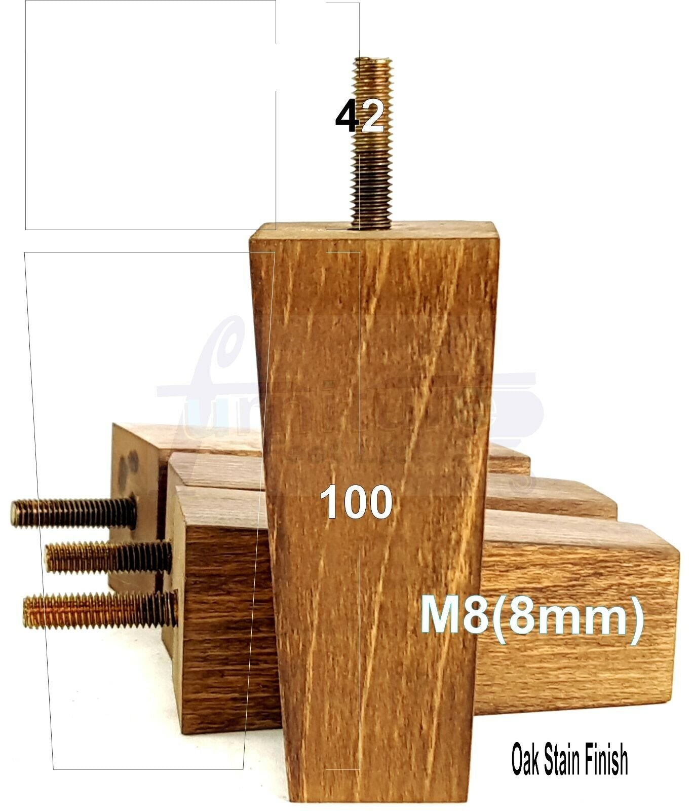 4x Solid Wood Block Furniture Legs Replacement Square Feet 100mm High M8(8mm)