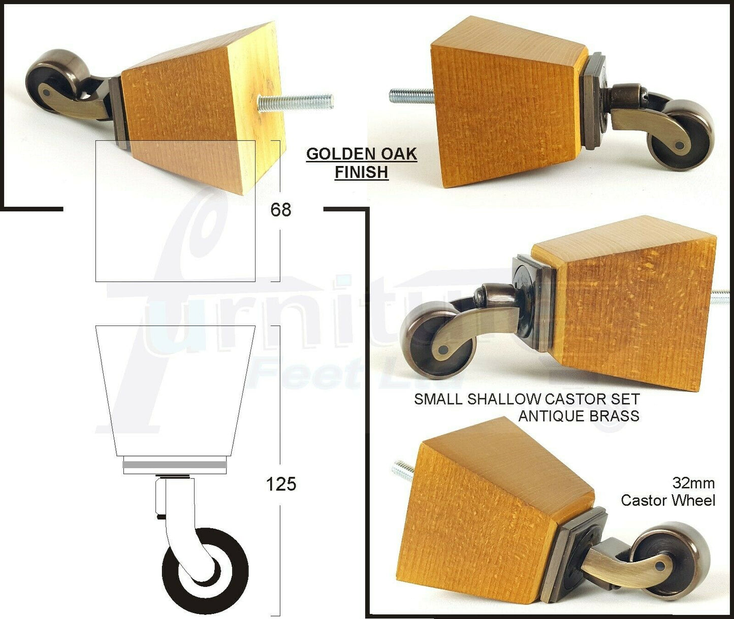 Set Of 4 Wooden Turned Replacement Furniture Legs 125mm High With Brass Castor Wheels 8mm Thread