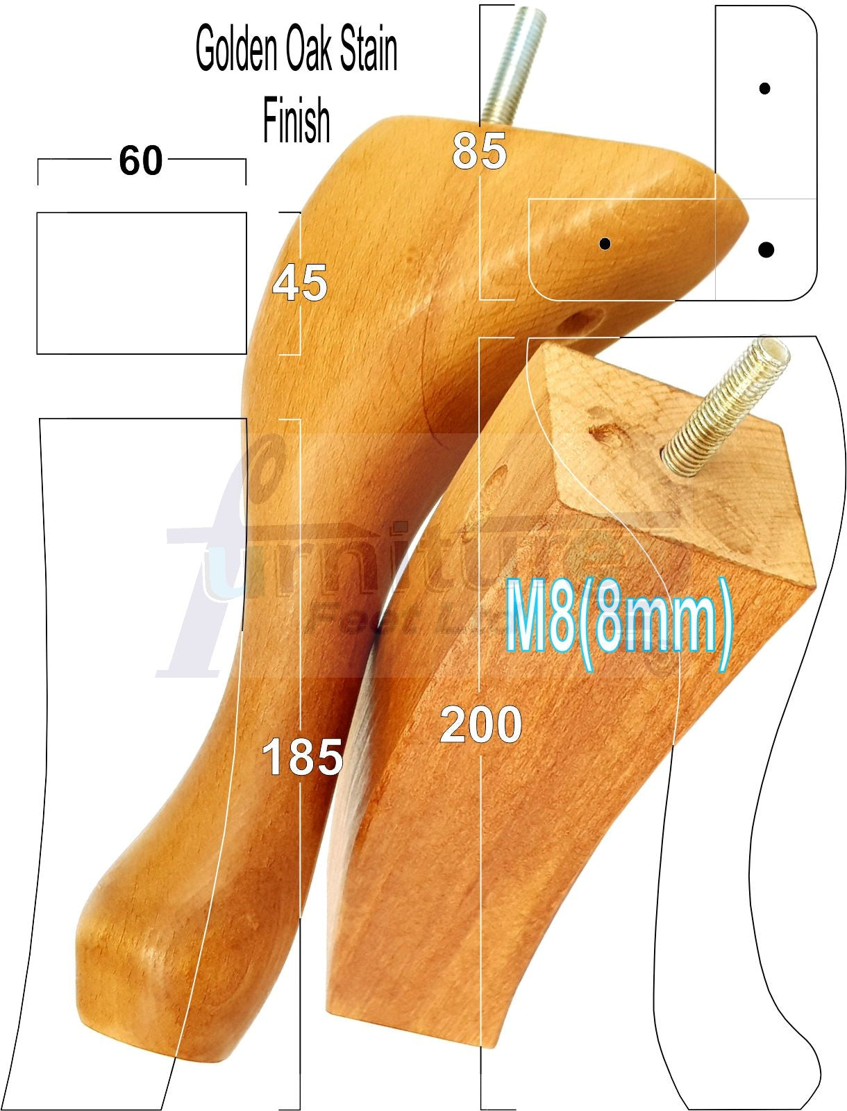 2x Vintage Queen Anne Replacement Furniture Legs & 2x Curved Back Feet 200mm High 8mm Thread