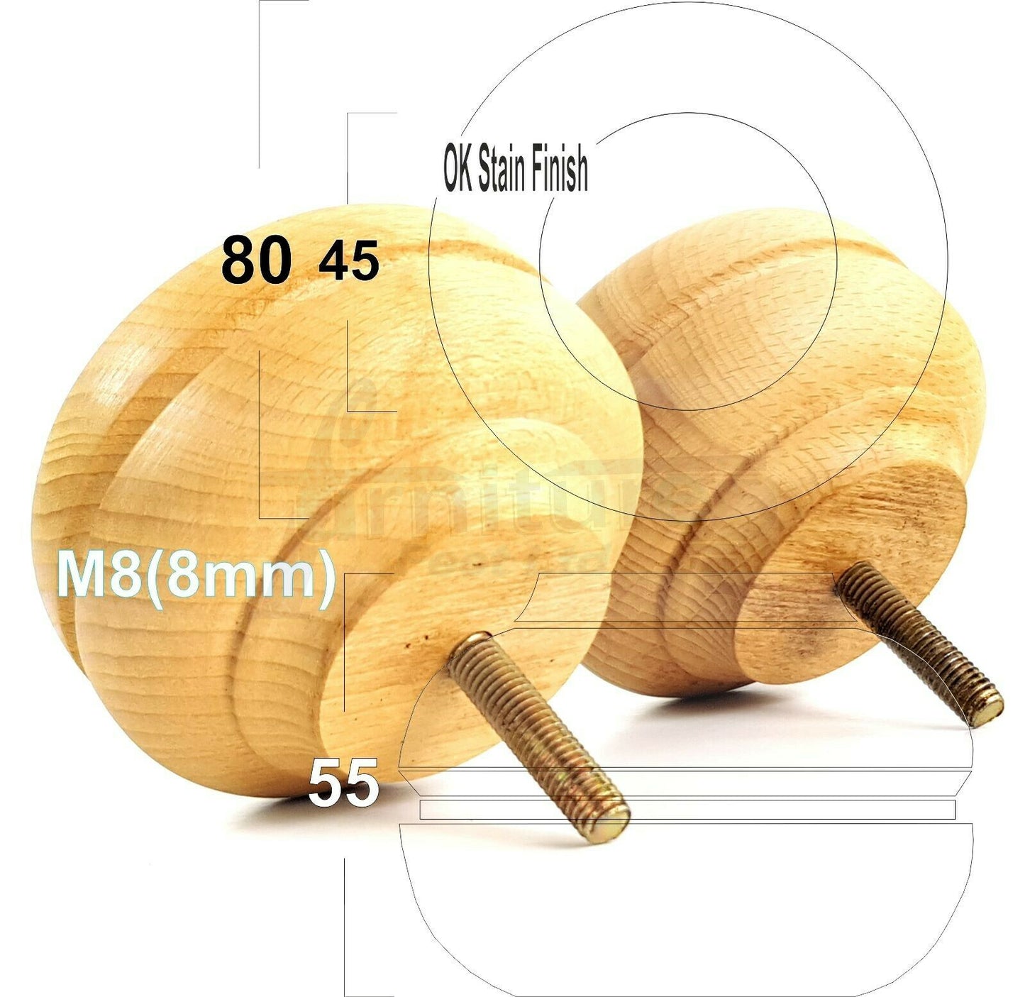 4 Wood Replacment Furniture Chair Legs M8 Sofa Settee Bed Stool Feet 55mm High