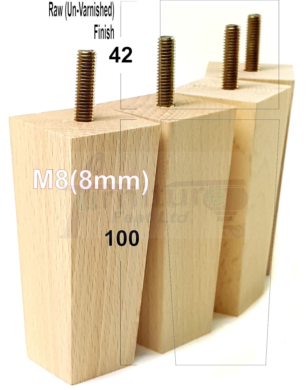 4x Solid Wood Block Furniture Legs Replacement Square Feet 100mm High M8(8mm)