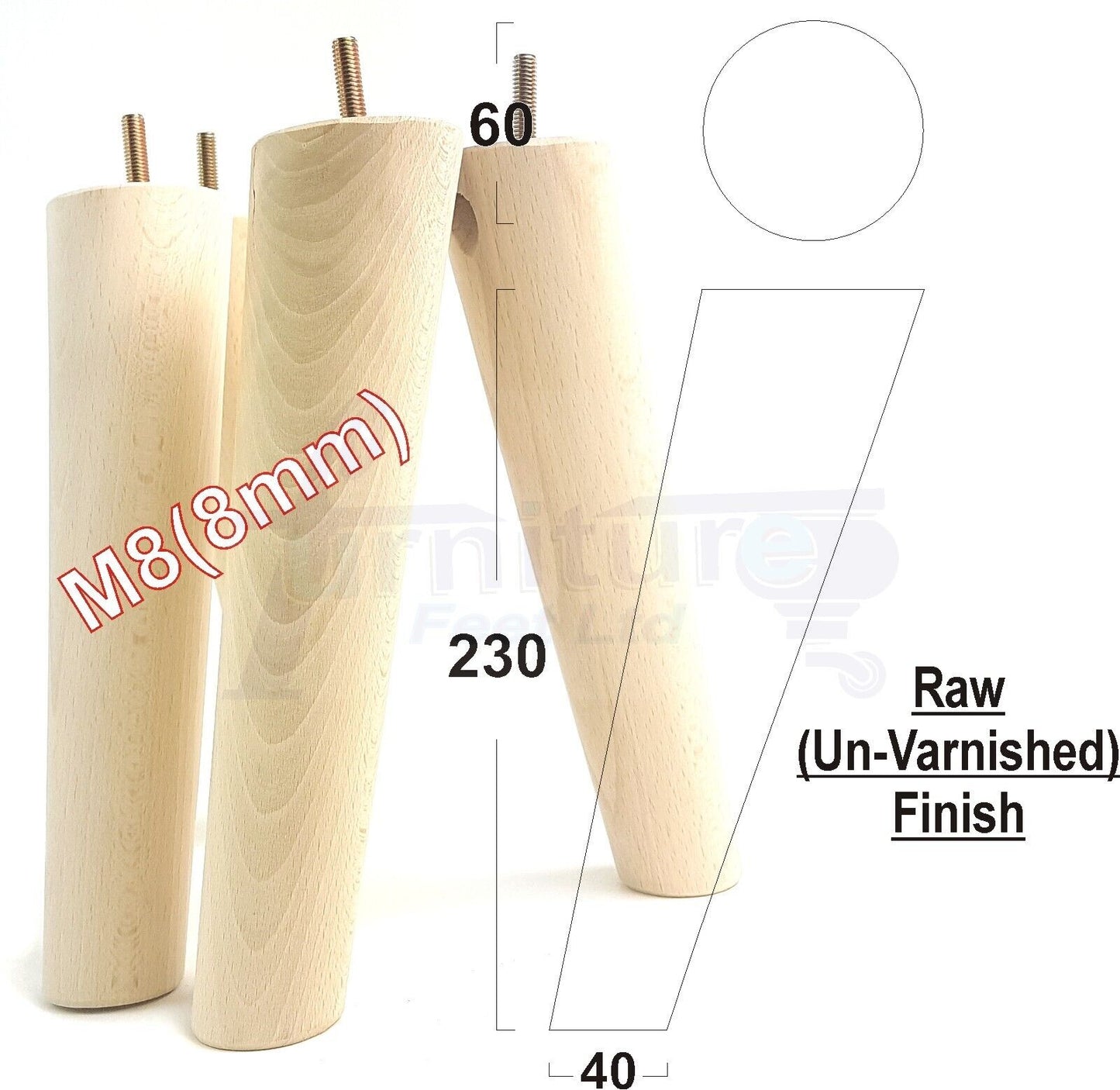 4 Solid Wood Turned Furniture Feet Replacement Mid Centry Angled Retro Legs 230mm High M8 Sofa Chairs Stools Cabinets Beds