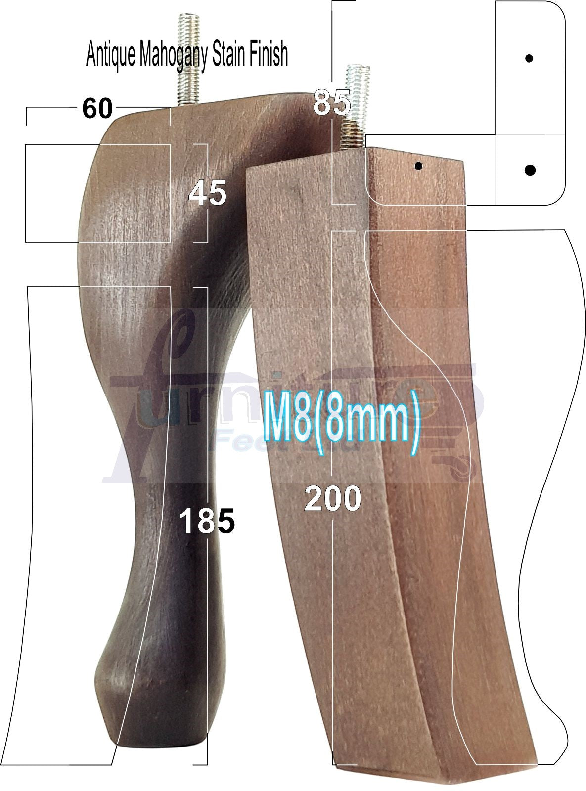 2x Vintage Queen Anne Replacement Furniture Legs & 2x Curved Back Feet 200mm High 8mm Thread