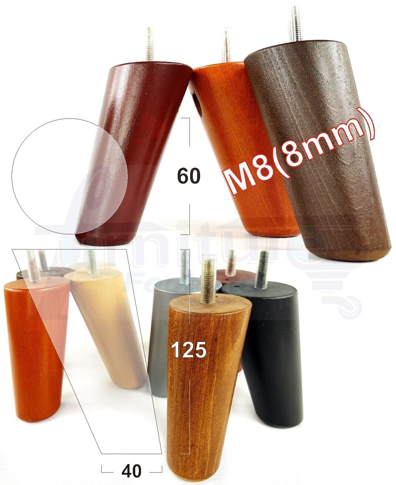 4 Solid Wood Turned Furniture Feet Replacement Mid Centry Angled Retro Legs 125mm High M8 Sofa Chairs Stools Cabinets Beds