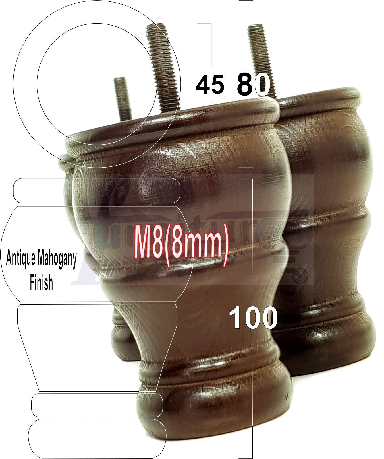 4 Turned Wood Furniture Chair Legs M8 Replacement Sofa Settee Chair Bed Feet 100mm High