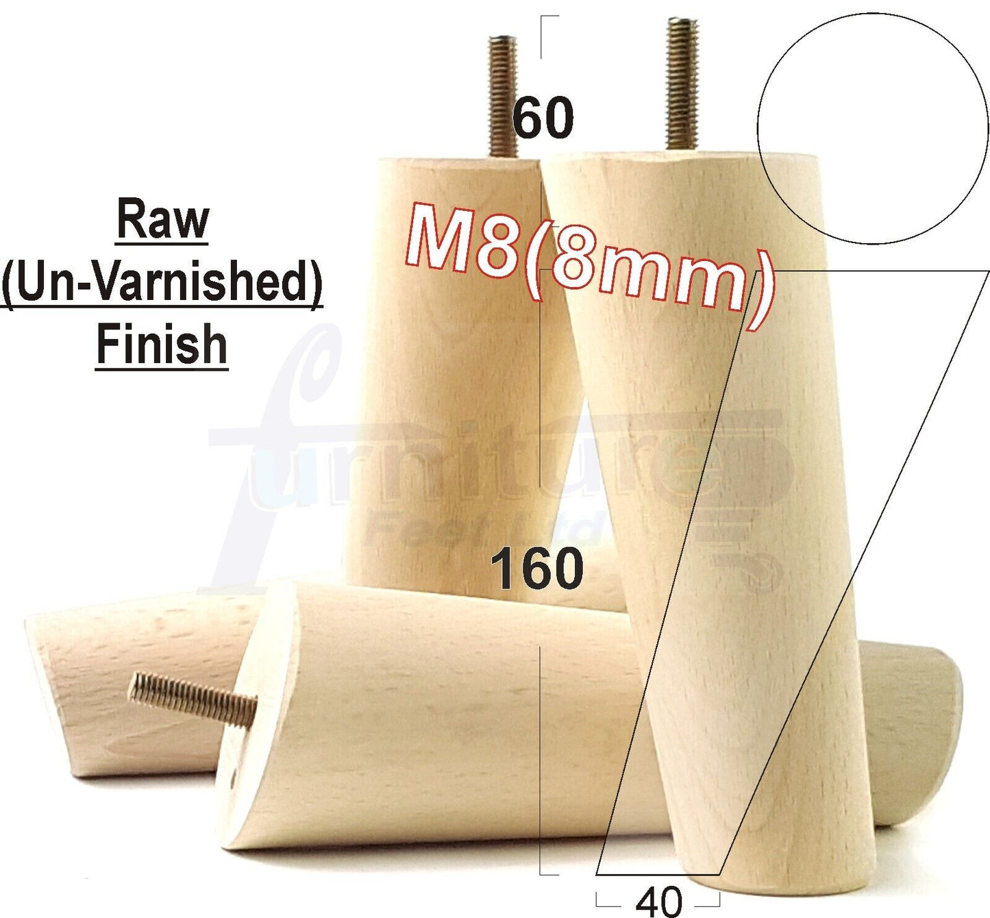 4 Solid Wood Turned Furniture Feet Replacement Mid Centry Angled Retro Legs 160mm High M8 Sofa Chairs Stools Cabinets Beds