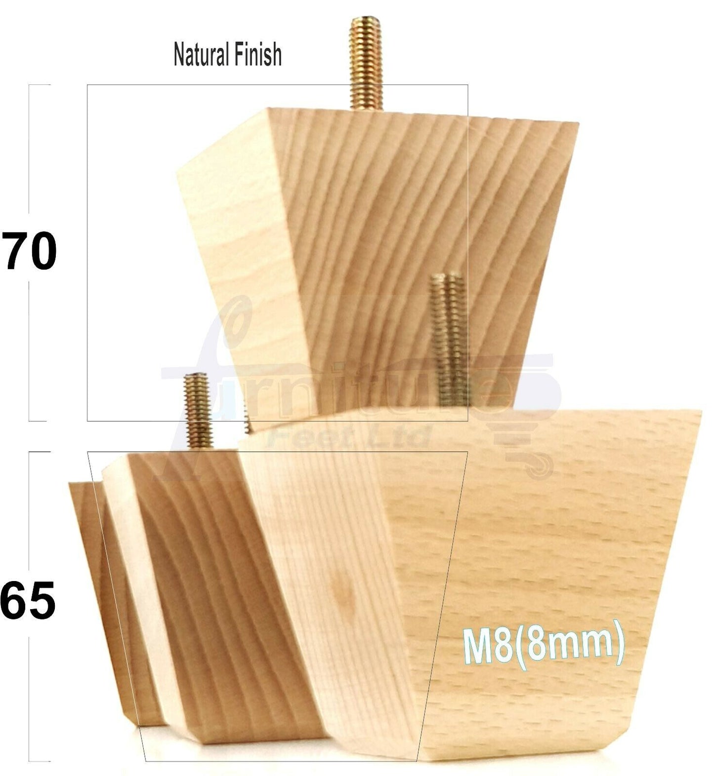 Set Of 4 Solid Wood Square Block Furniture Feet Replacement Legs 65mm High M8(8mm)