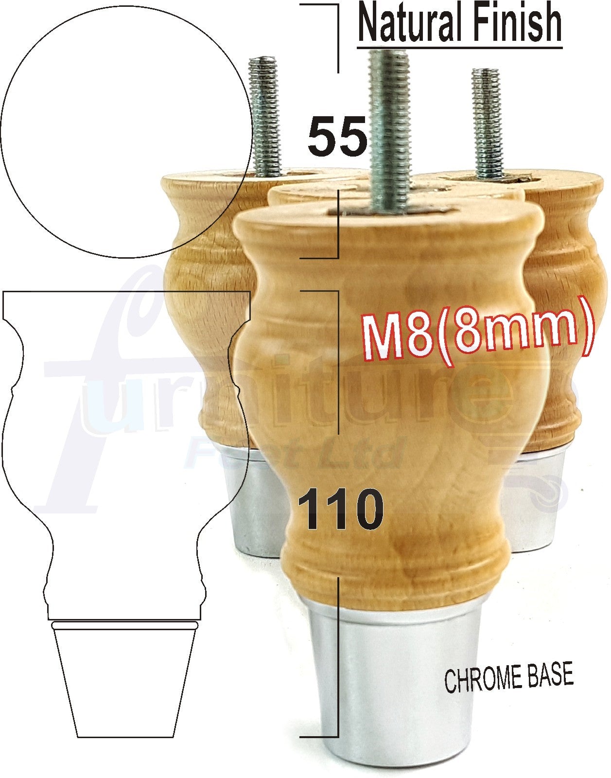 4x Turned Wood Furniture Feet M8(8mm) With Slipper Cup Chair Sofa Settee Legs 110mm