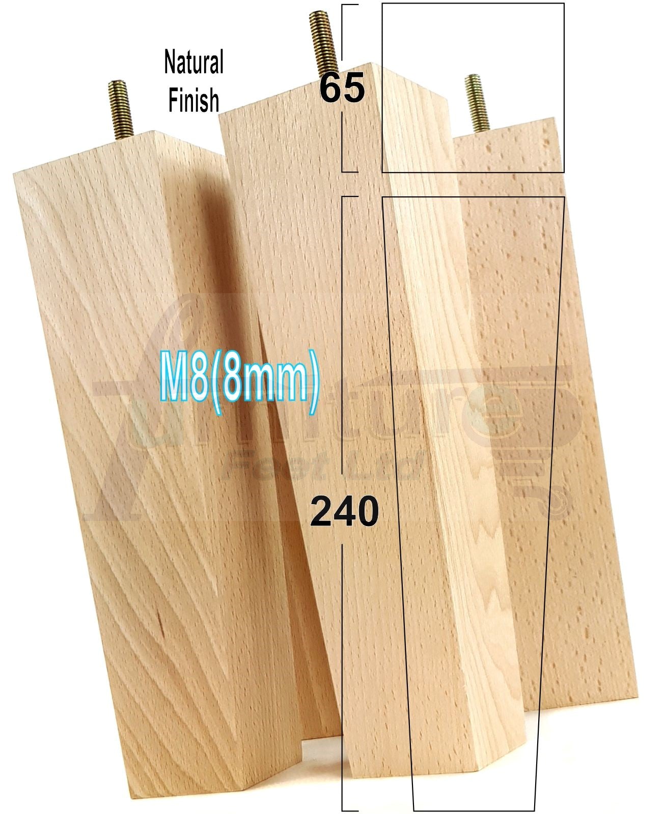 4 Solid Wood Furniture Feet Square Replacement Block Tapered Legs 240mm High M8 Sofa Chairs Stools Cabinets Beds