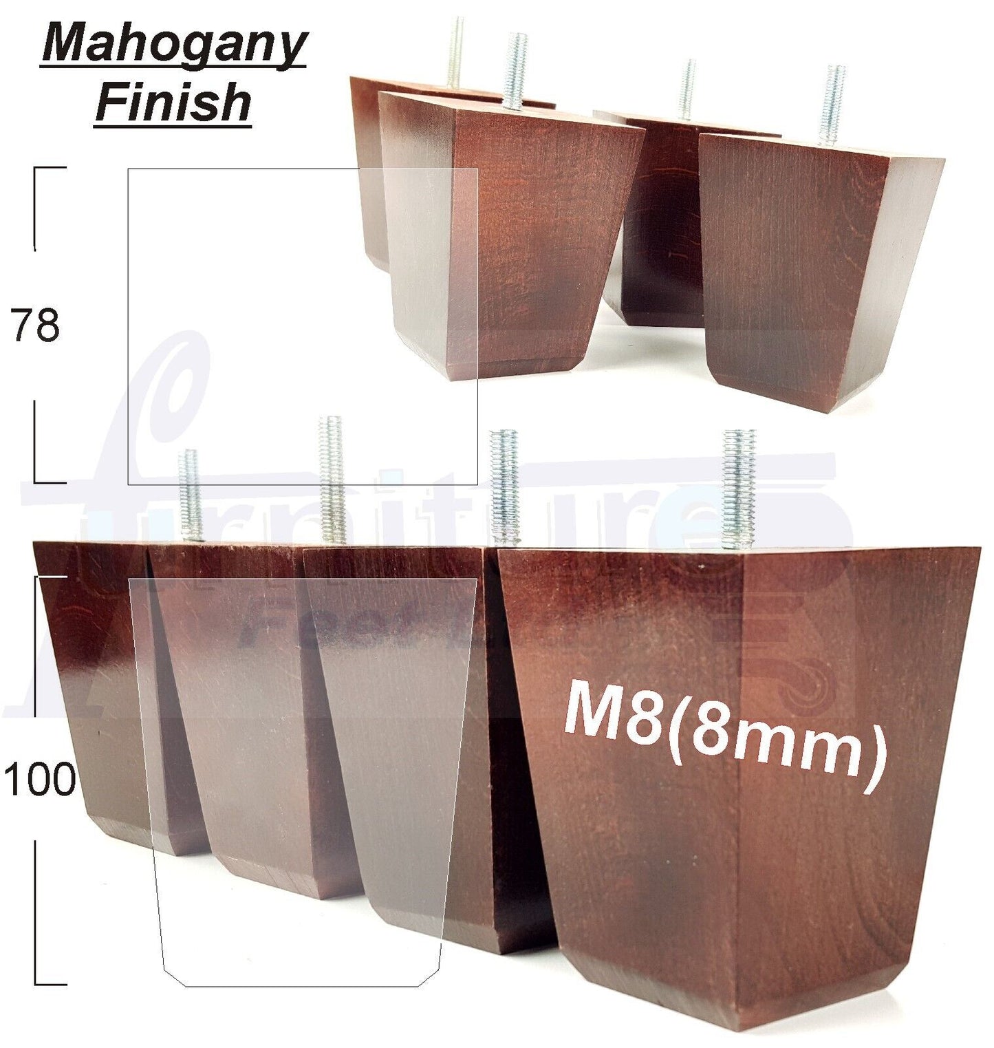 Set Of 4 Square Block Solid Wood Furniture Feet Replacement Legs 100mm High M8(8mm)
