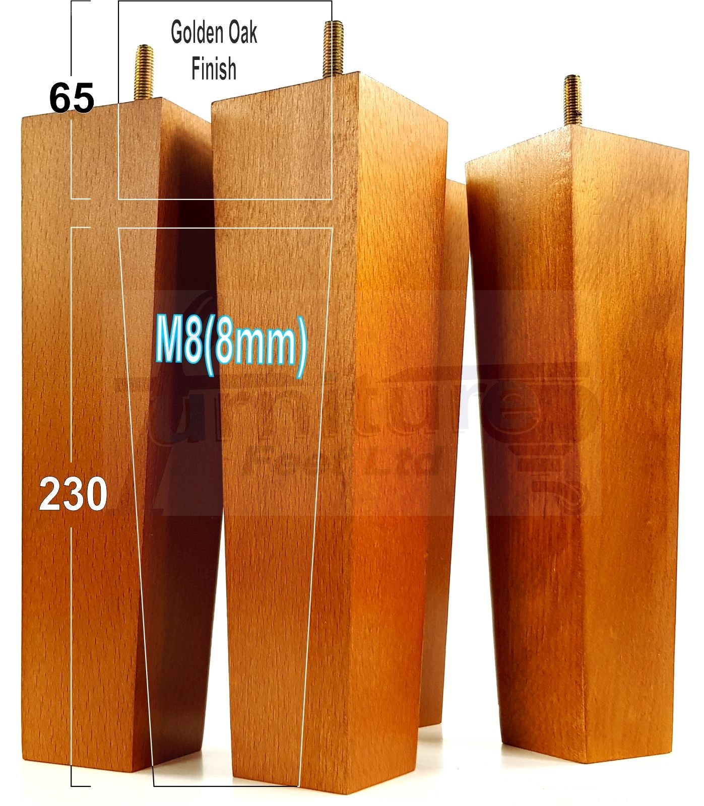 4 Solid Wood Furniture Feet Square Replacement Block Tapered Legs 230mm High M8 Sofa Chairs Stools Cabinets Beds