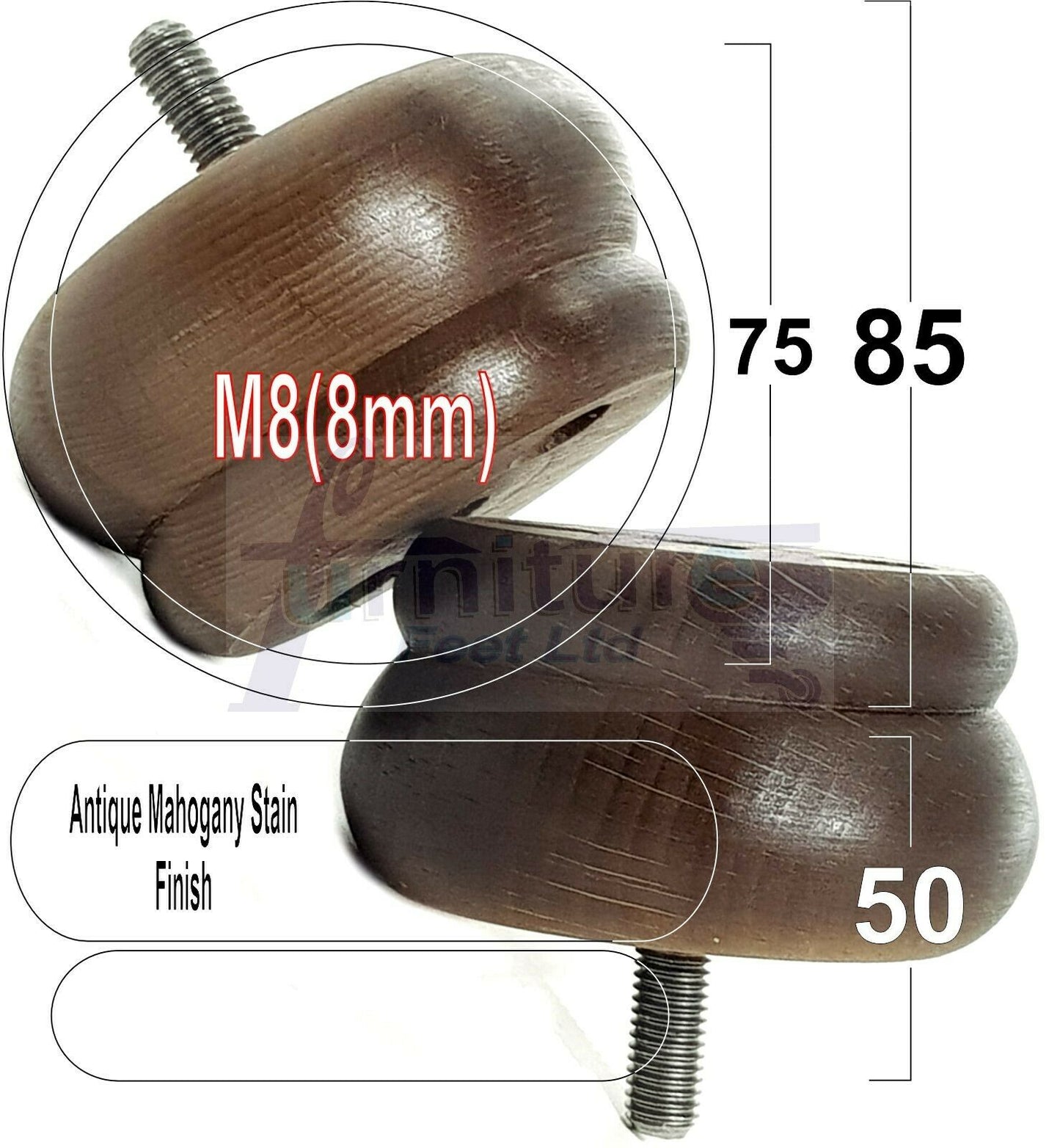 4 Turned Wood Furniture Legs Chair Sofa Bed M8 Replacement Bun Feet 50mm High