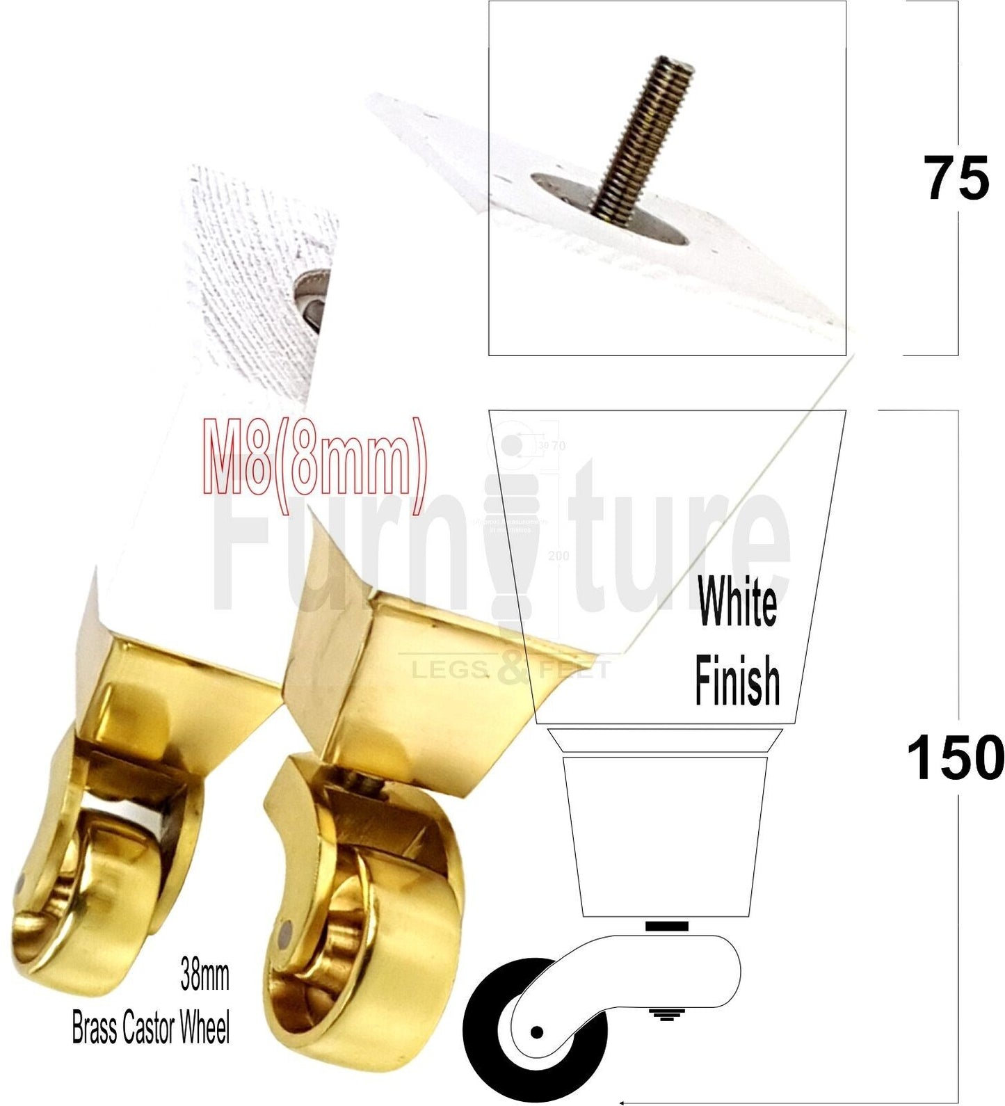 4x Block Wood Furniture Legs With Brass Castors For Sofa Chairs Settees 8mm Thread 150mm High