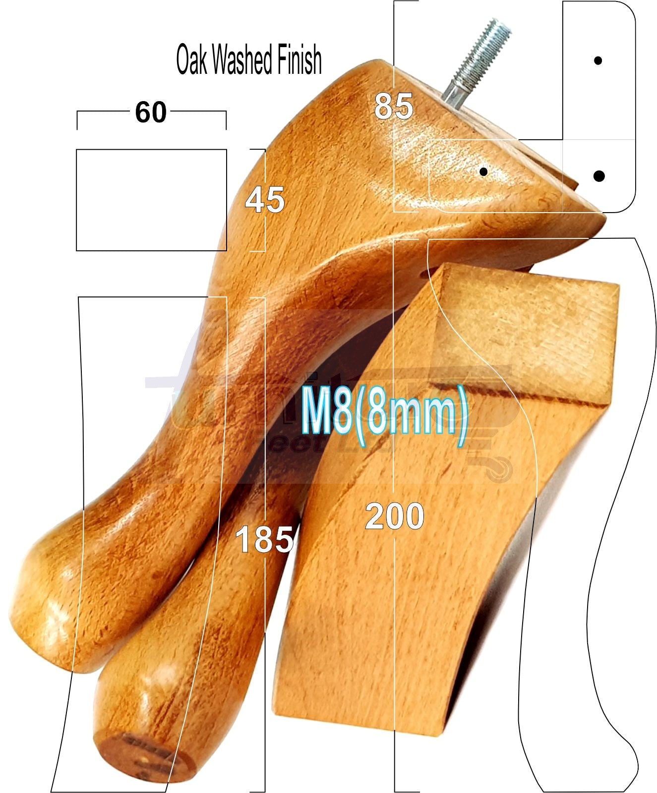 2x Vintage Queen Anne Replacement Furniture Legs & 2x Curved Back Feet 200mm High 8mm Thread