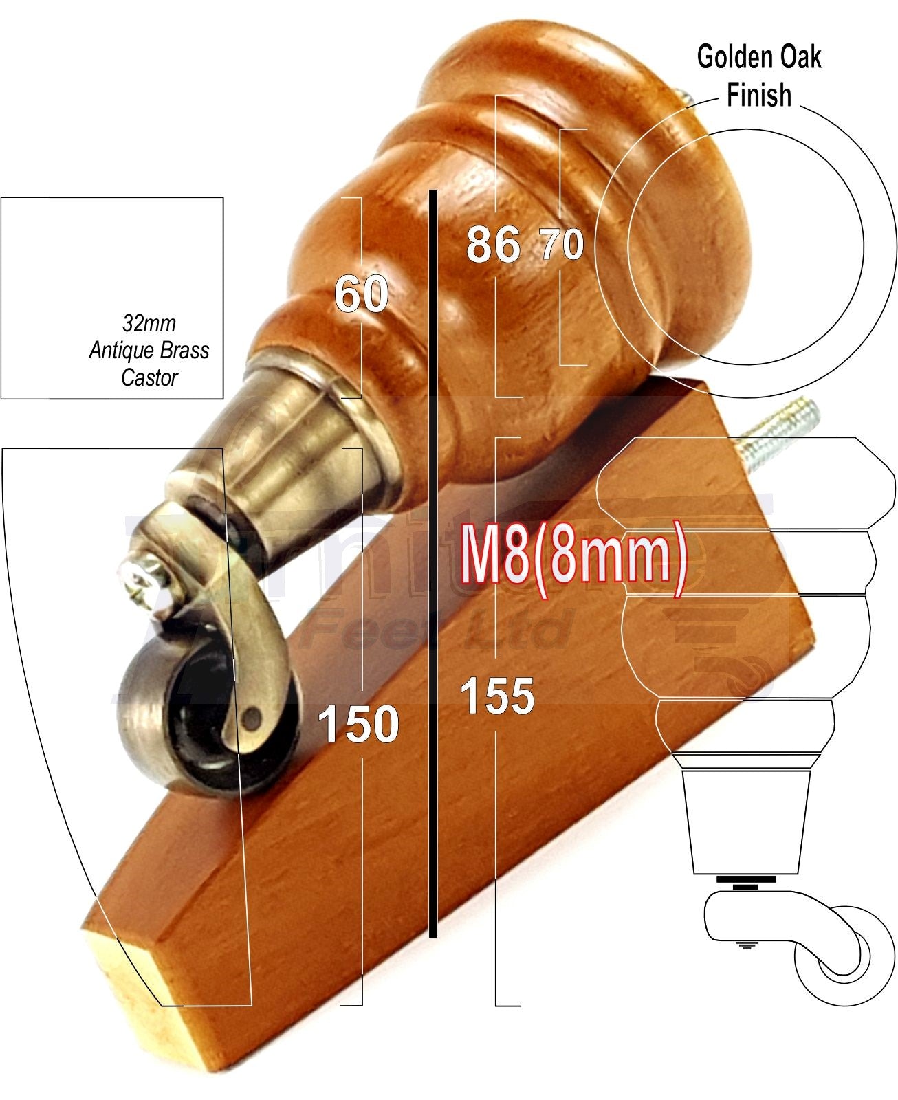 2x Turned Replacement Castor Feet 155mm & 2x Curved Solid Wood Furniture Legs Golden Oak Chairs Stools Sofa Beds Settee Cabinets M8