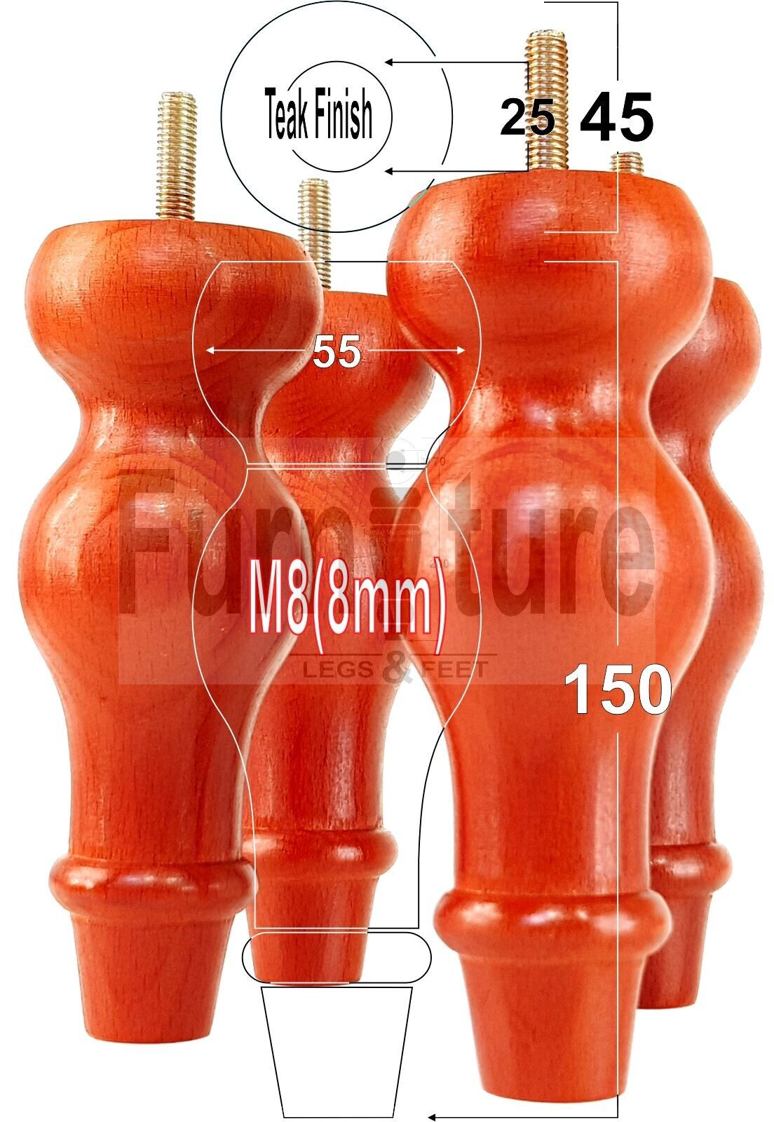 Set Of 4 Solid Wood Turned Furniture Feet Replacement Legs 150mm High 8mm Thread