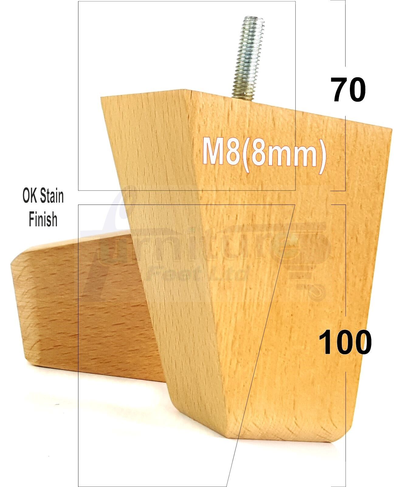 4x Angled Block Wood Sofa Legs 100mm High Replacement Furniture Feet Chairs Cabinets M8(8mm)