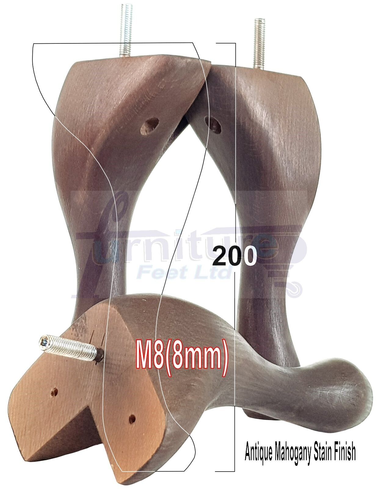 4 Solid Wood Furniture Feet 200mm High Vintage Queen Anne Replacement Legs M8 8 Inches