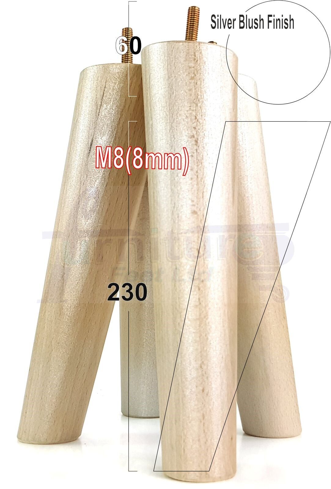 4 Solid Wood Turned Furniture Feet Replacement Mid Centry Angled Retro Legs 230mm High M8 Sofa Chairs Stools Cabinets Beds