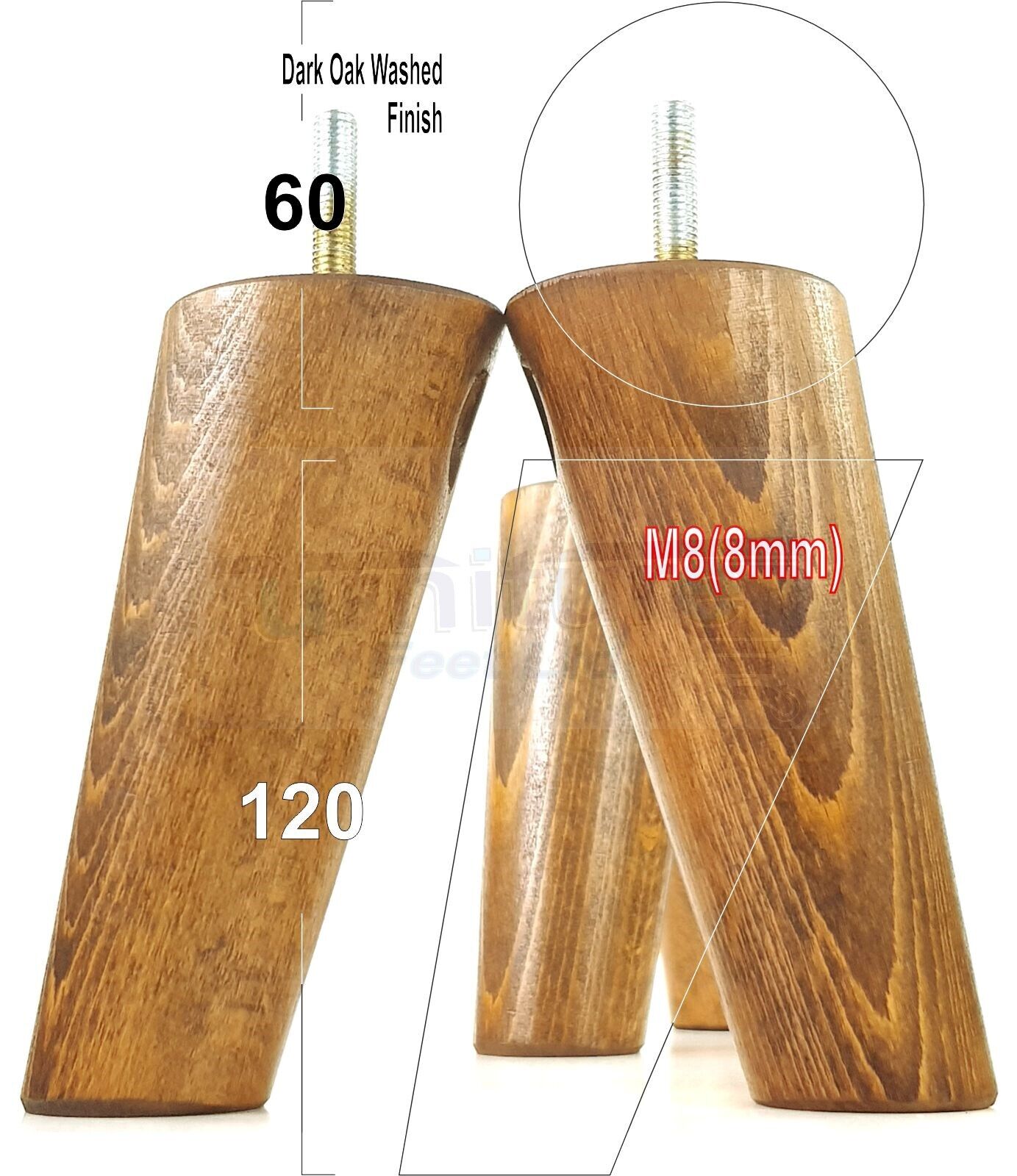 4 Solid Wood Turned Furniture Feet Replacement Mid Centry Angled Retro Legs 120mm High M8 Sofa Chairs Stools Cabinets Beds