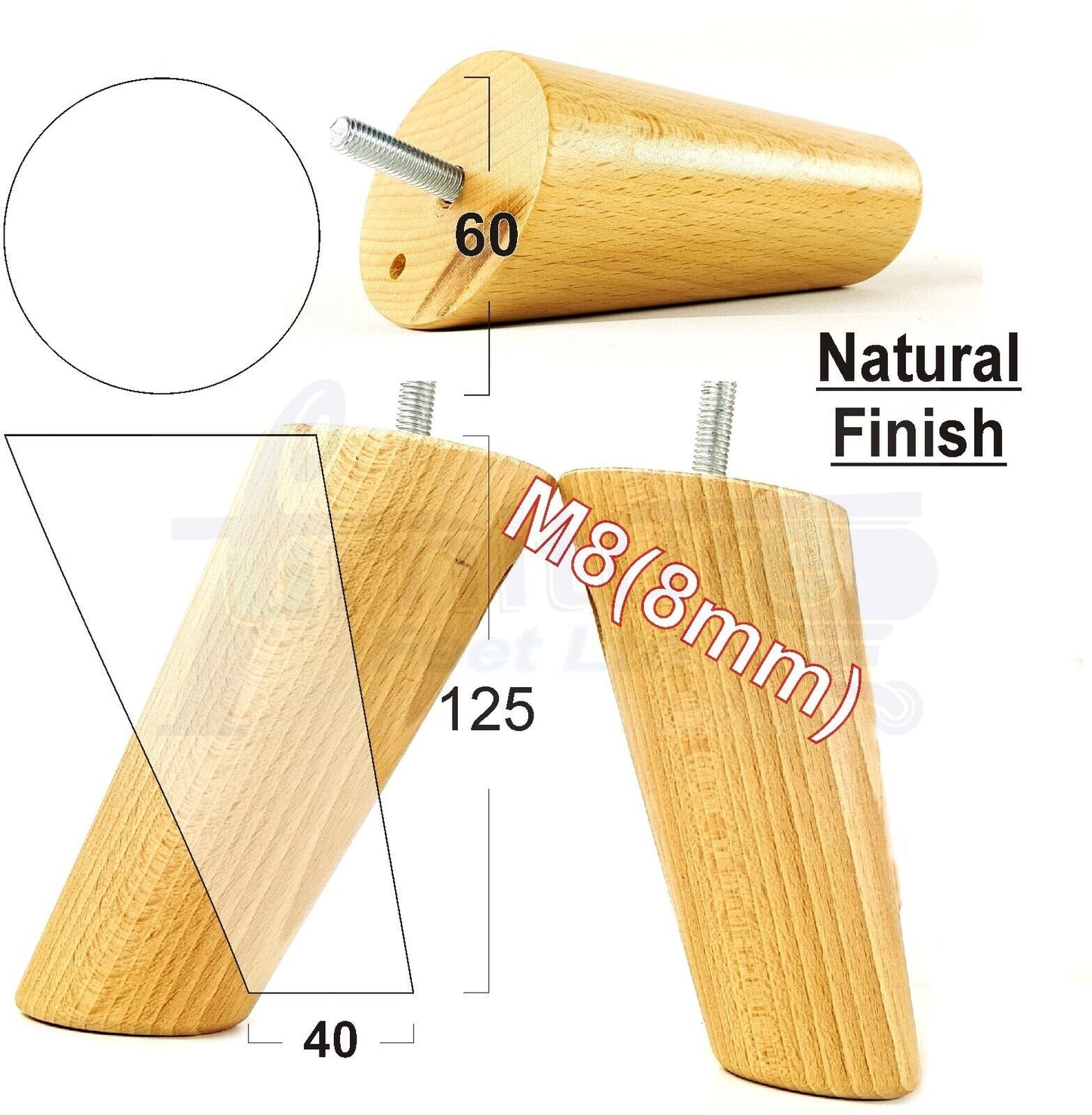 4 Solid Wood Turned Furniture Feet Replacement Mid Centry Angled Retro Legs 125mm High M8 Sofa Chairs Stools Cabinets Beds