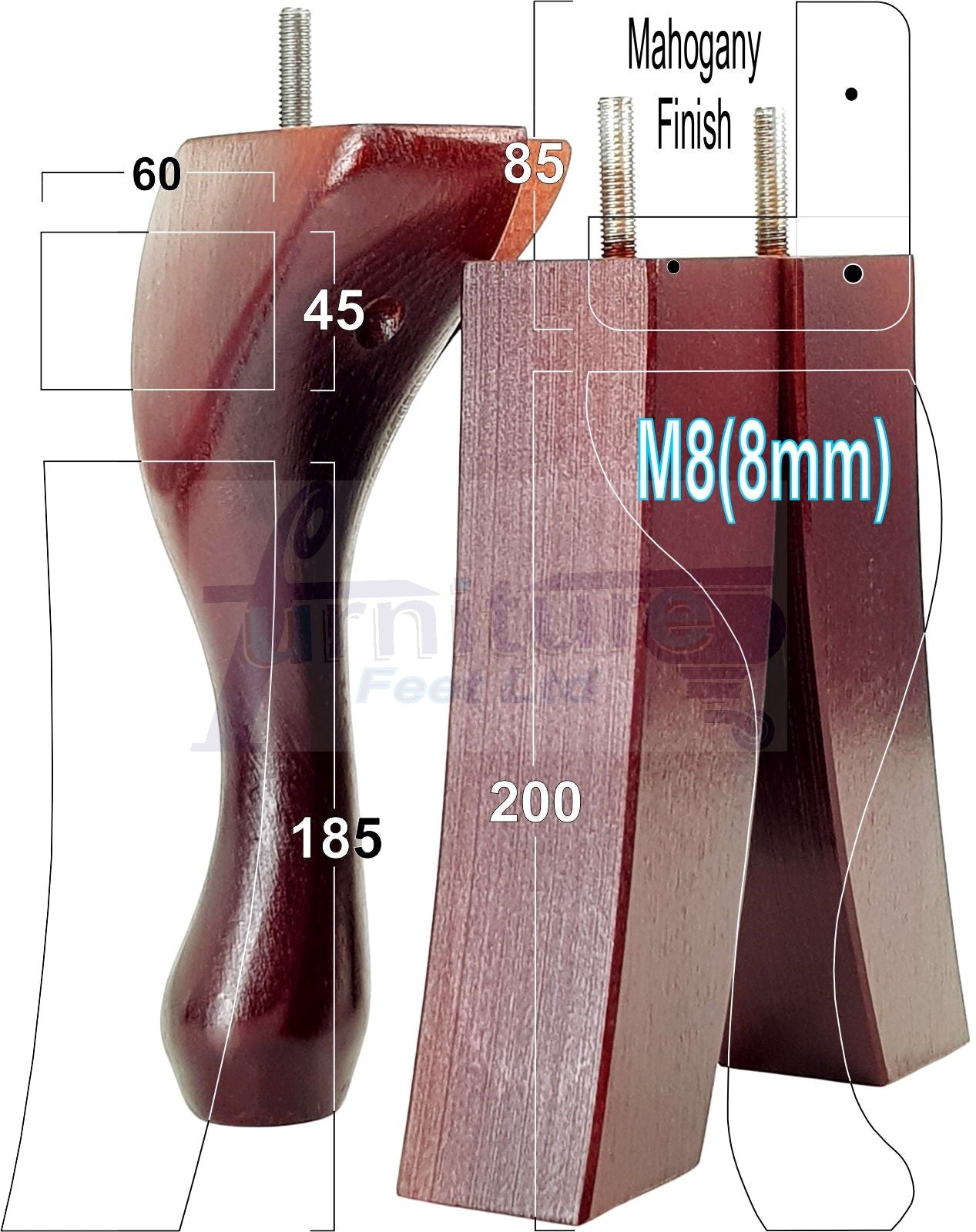 2x Vintage Queen Anne Replacement Furniture Legs & 2x Curved Back Feet 200mm High 8mm Thread