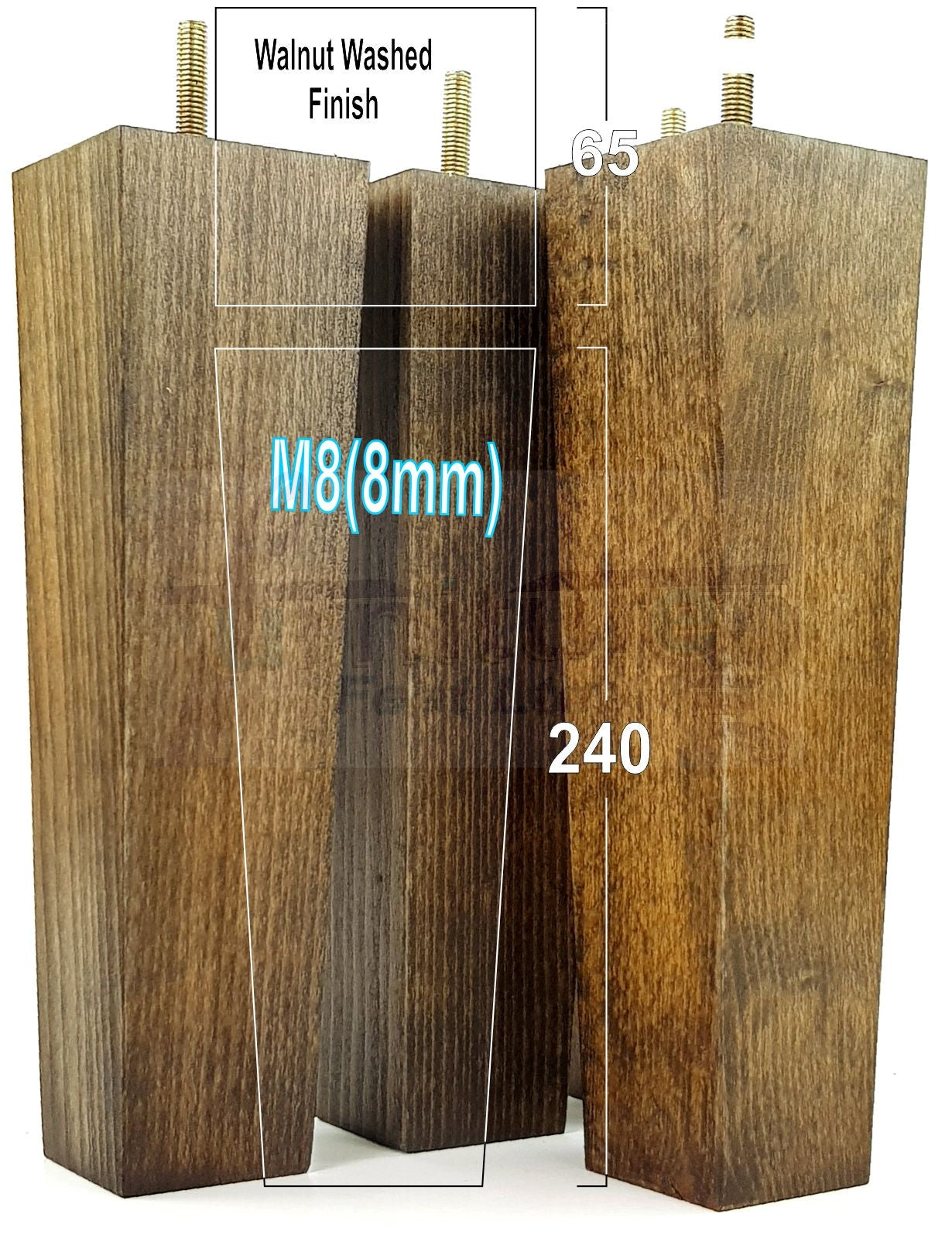 4 Solid Wood Furniture Feet Square Replacement Block Tapered Legs 240mm High M8 Sofa Chairs Stools Cabinets Beds