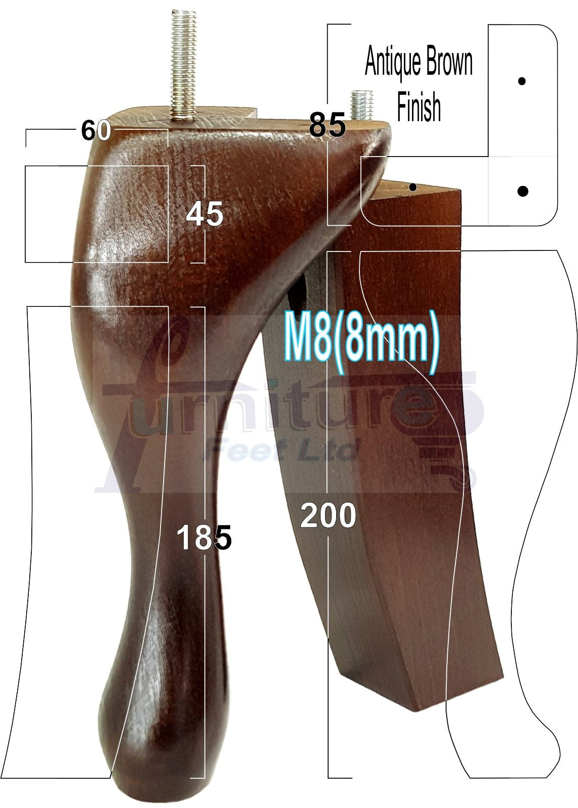 2x Vintage Queen Anne Replacement Furniture Legs & 2x Curved Back Feet 200mm High 8mm Thread
