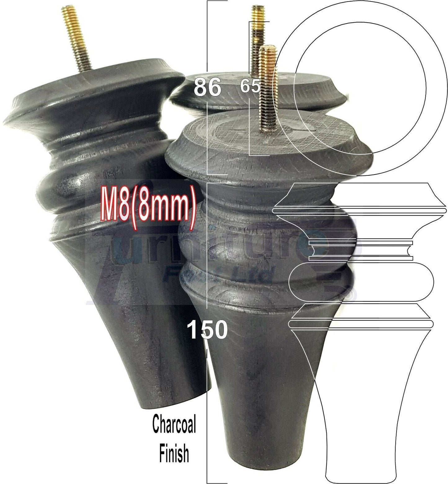 4x Turned Furniture Legs 150mm High M8(8mm) Replacement Feet