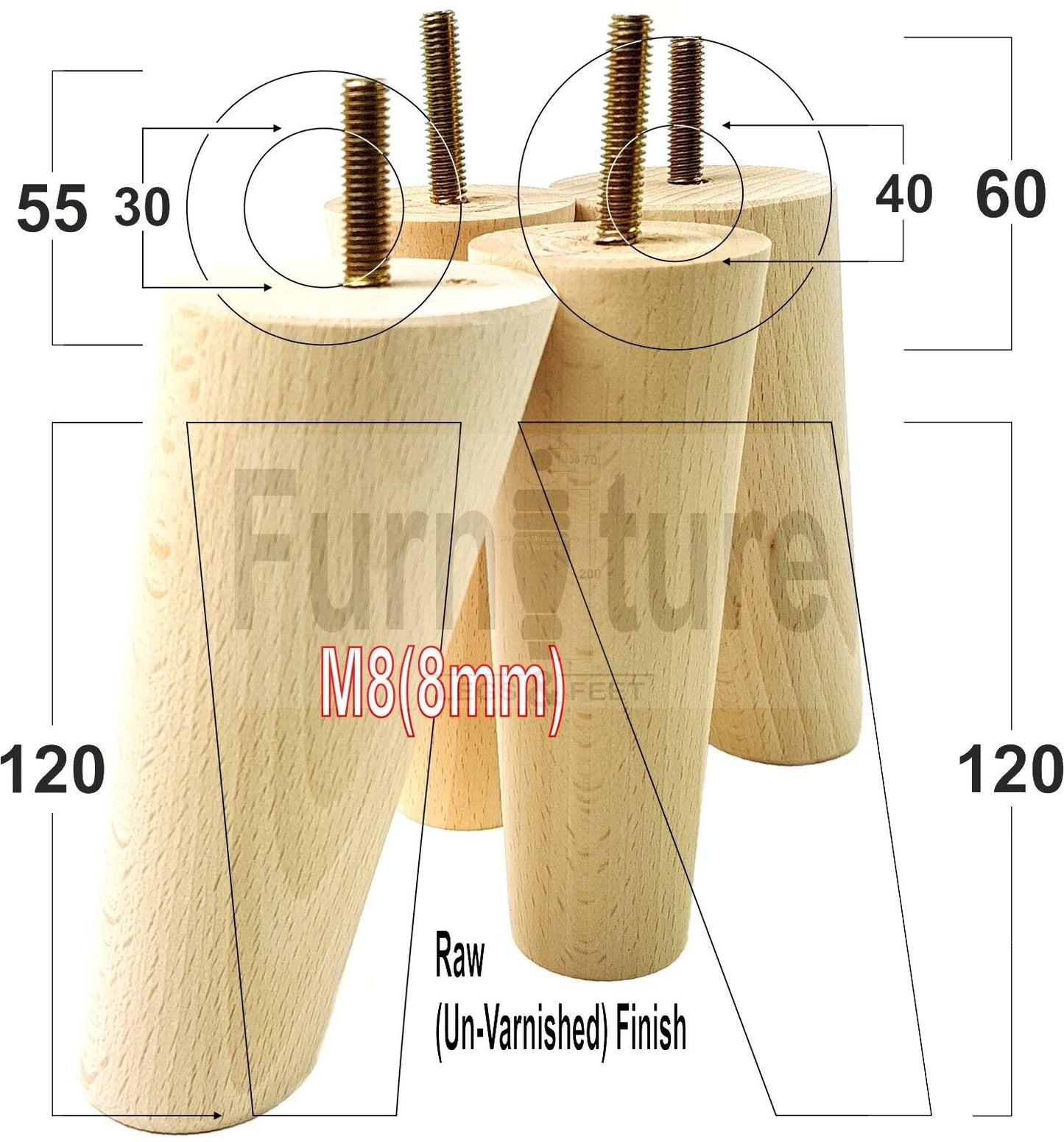 4x Turned Wood Furniture Settee Leg M8 Replacement Feet Chairs Stools Sofa 120mm