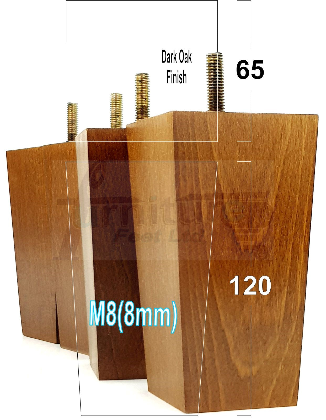 Solid Wood Furniture Feet Square Replacement Block Tapered Legs 120mm High M8 Set of 4 Sofa Chairs Stools Cabinets Beds