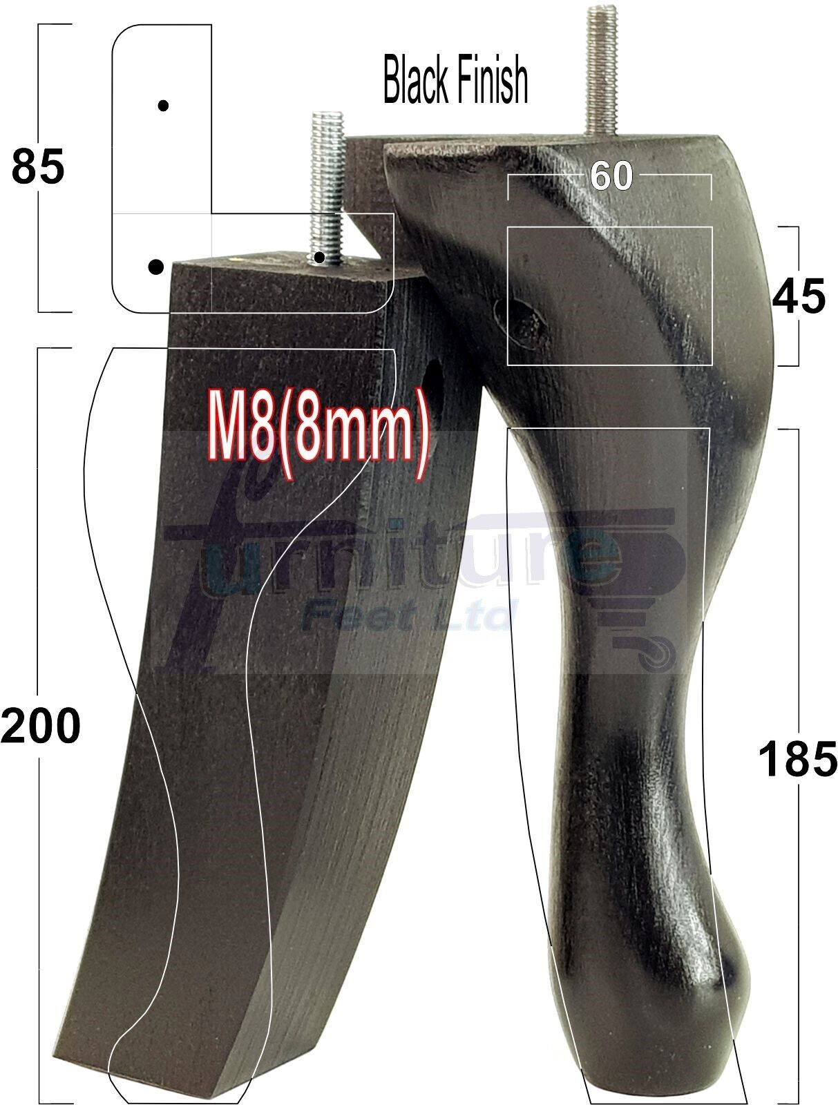 2x Vintage Queen Anne Replacement Furniture Legs & 2x Curved Back Feet 200mm High 8mm Thread