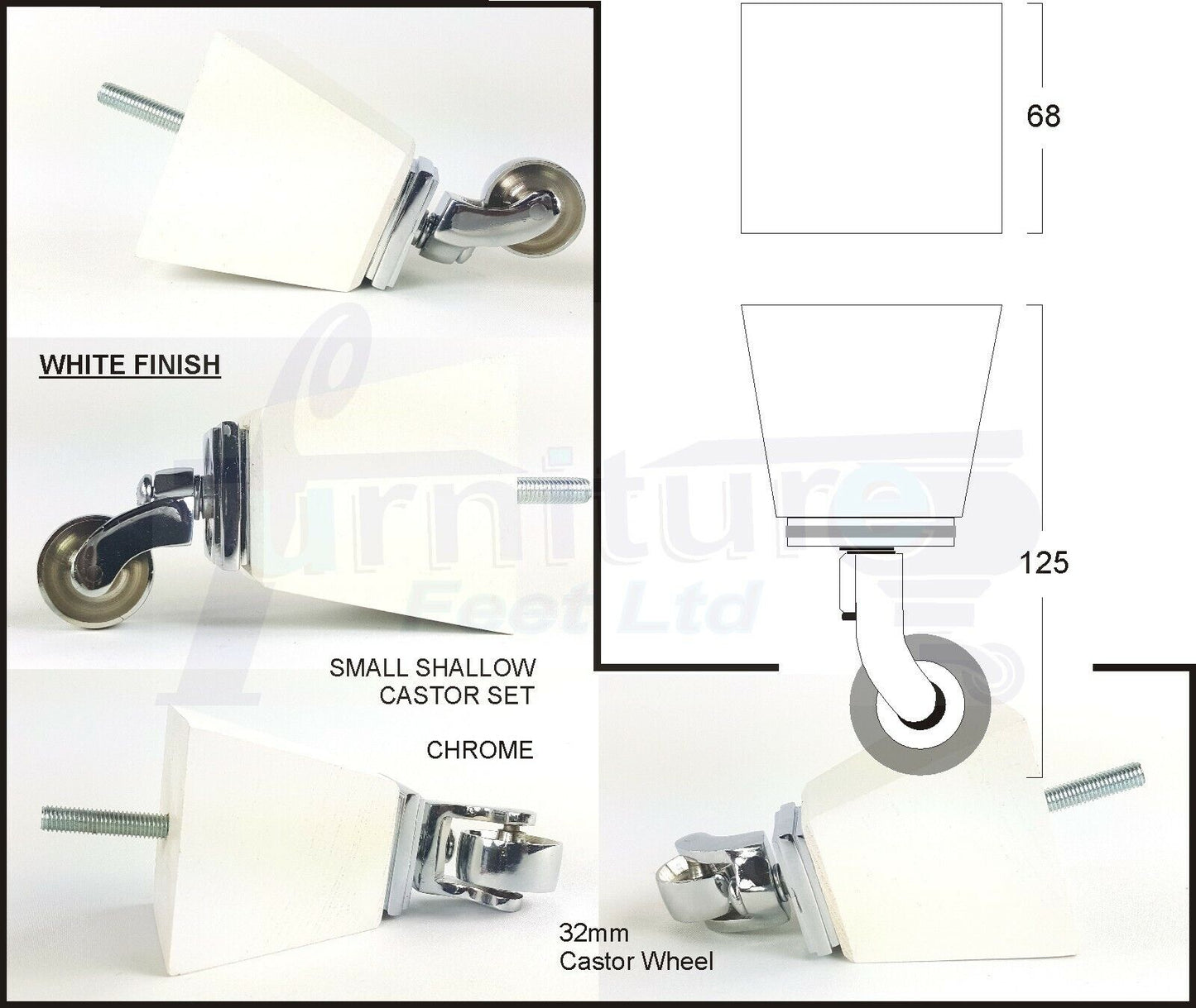 Set Of 4 Wooden Turned Replacement Furniture Legs 125mm High With Chrome Castor Wheels 8mm Thread