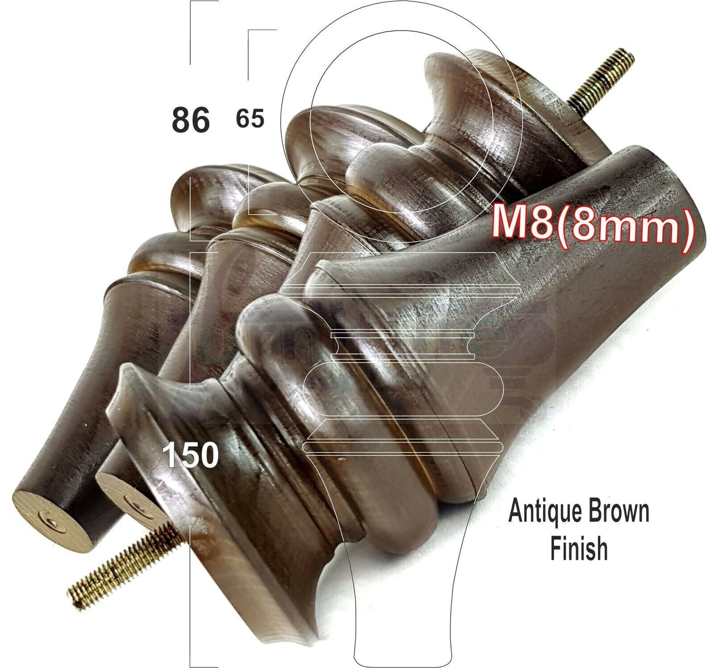4x Turned Furniture Legs 150mm High M8(8mm) Replacement Feet