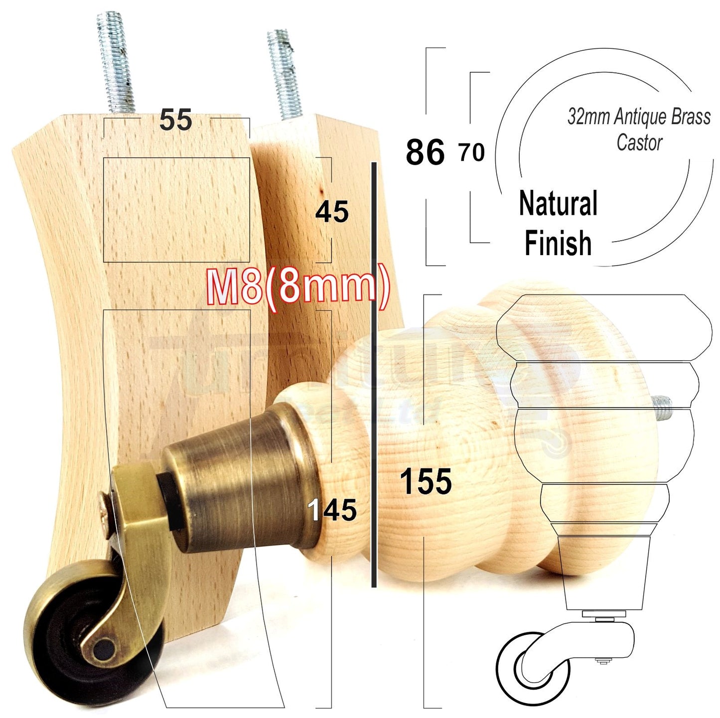 Natural Turned Wood Furniture Feet 2 With Castors 155mm and 2 Curved Back Legs Sofas Chairs Stools Cabinets Beds M8 6 Inches
