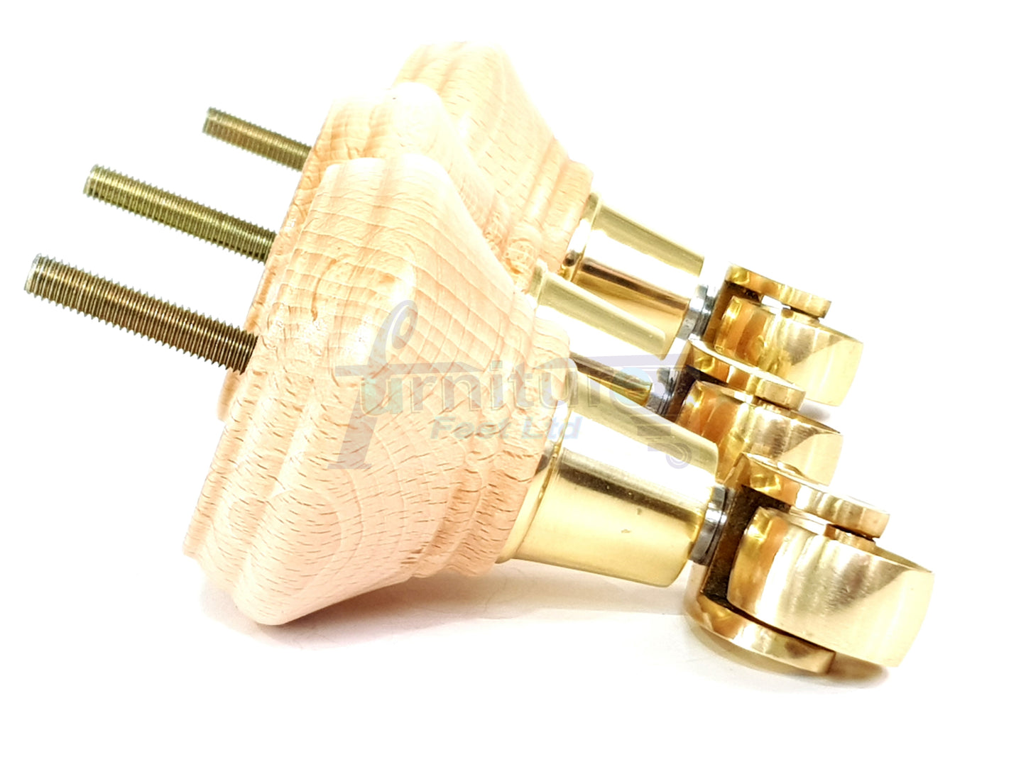 4x Natural Wooden Furniture Sofa Legs M8 With Brass Castors Replacment Chair Settee Feet 115mm - 125mm High
