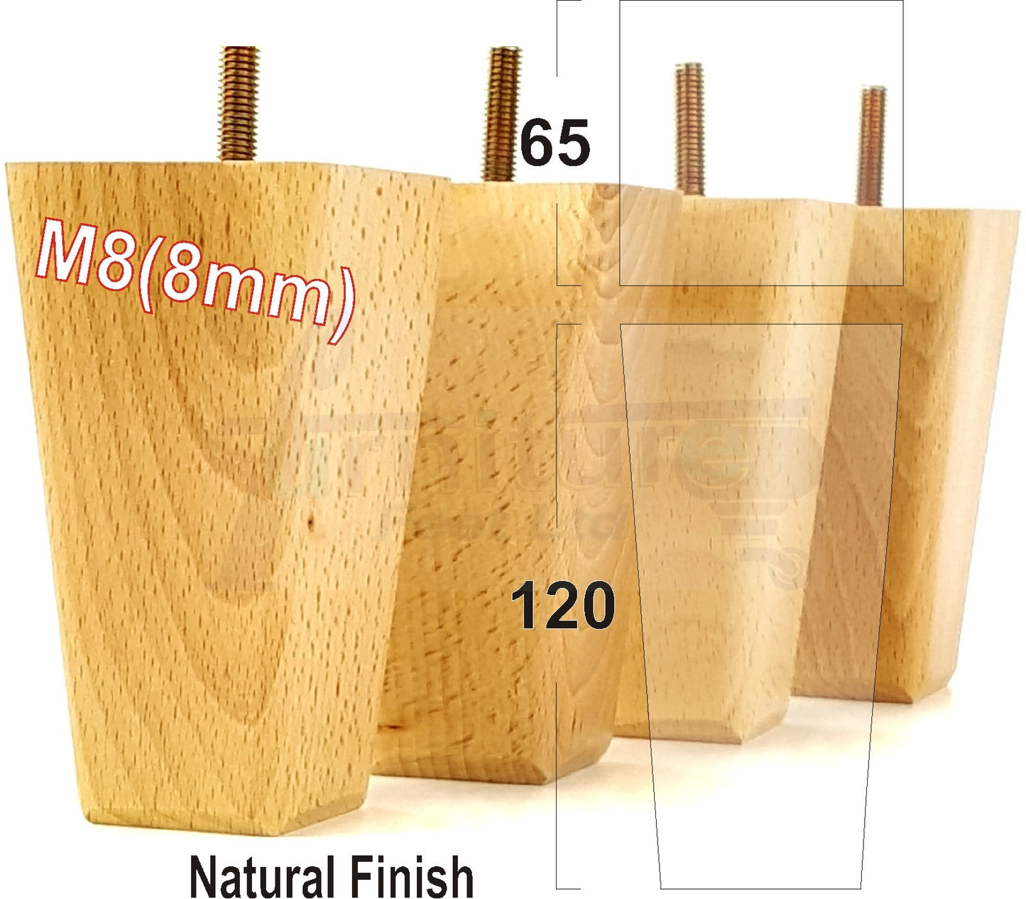 4x Wooden Furniture Legs 120mm High Replacement Square Tapered Feet 8mm