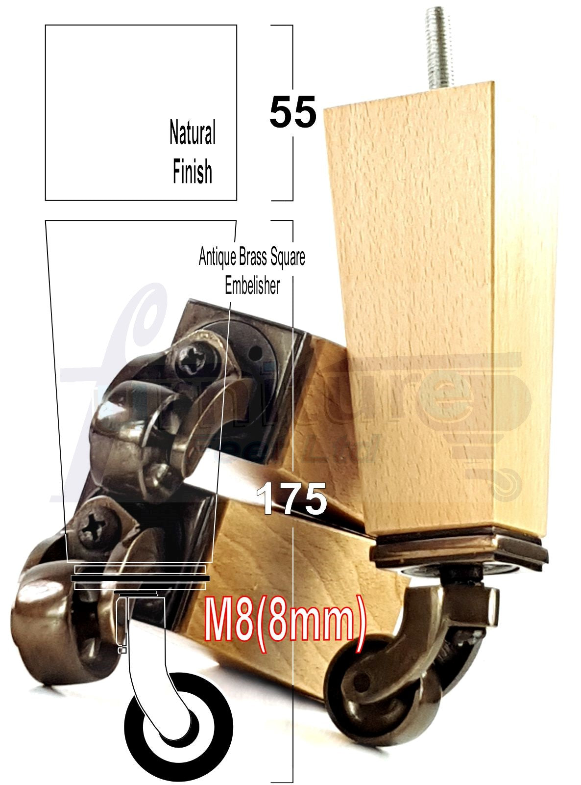 4x Solid Wood Furniture Legs Chair Sofa Bed Replacement Feet 175mm High With Antique Castors 8mm Thread