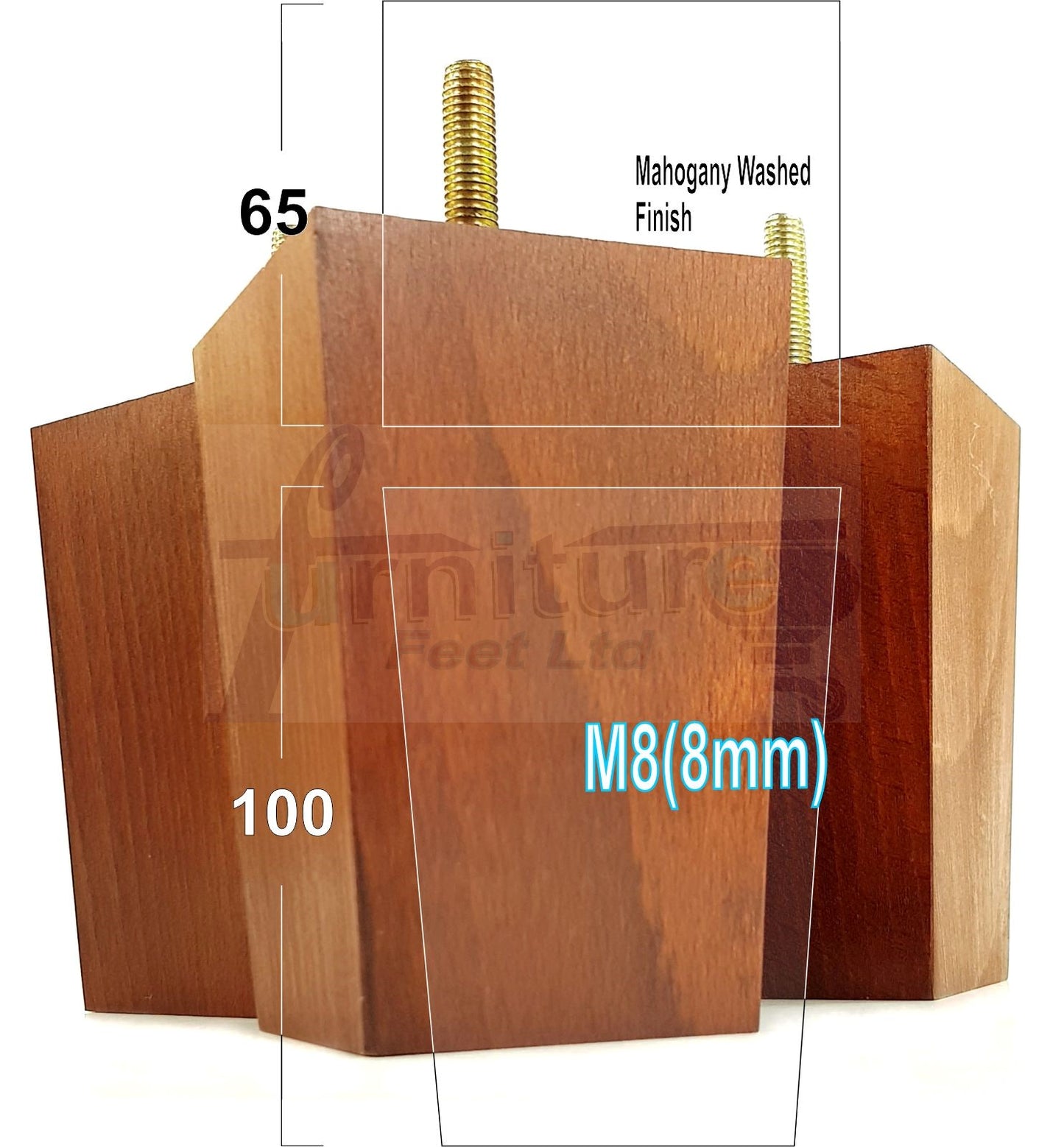 Solid Wood Furniture Feet Square Replacement Block Tapered Legs 100mm High M8 Set of 4 Sofa Chairs Stools Cabinets Beds